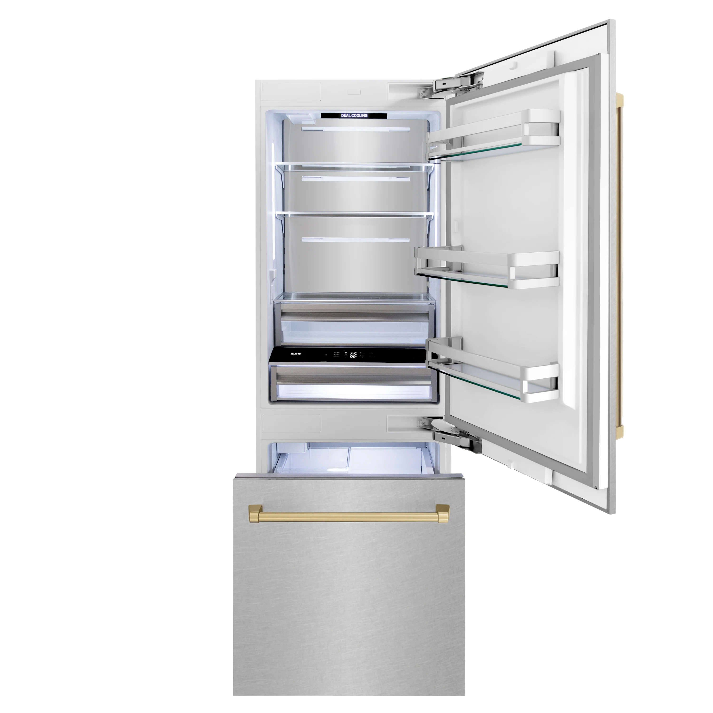 ZLINE Autograph Edition 30 in. 16.1 cu. ft. Built-In Bottom Freezer Refrigerator with Water Dispenser and Ice Maker in Satin Stainless Steel with Champagne Bronze Accents (RBIVZ-SN-30-CB) - Image 6