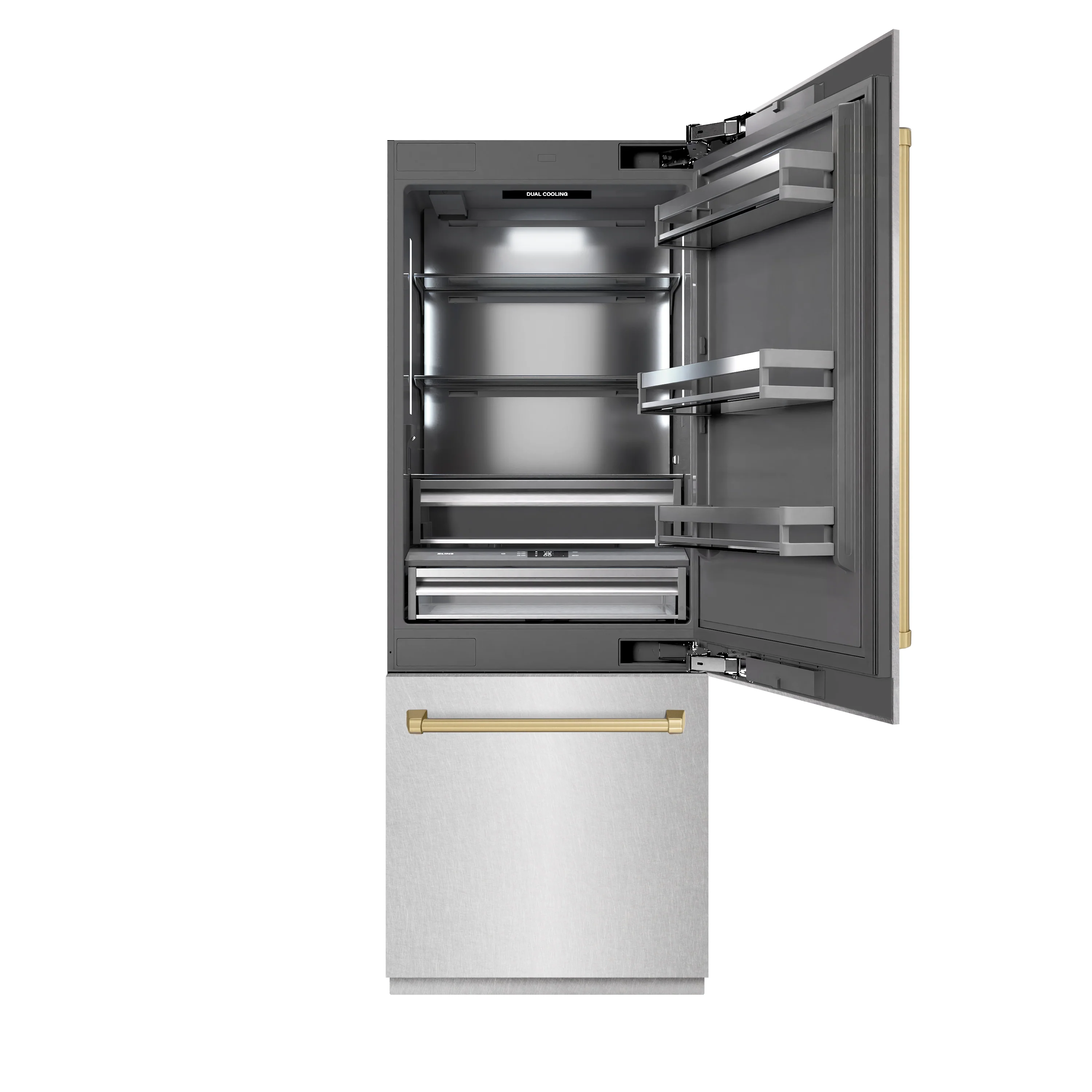 ZLINE Autograph Edition 30 in. 16.1 cu. ft. Built-In Bottom Freezer Refrigerator with Water Dispenser and Ice Maker in Satin Stainless Steel with Graphite Gray Interior and Champagne Bronze Accents (GRBIVZ-SN-30-CB) - Image 5