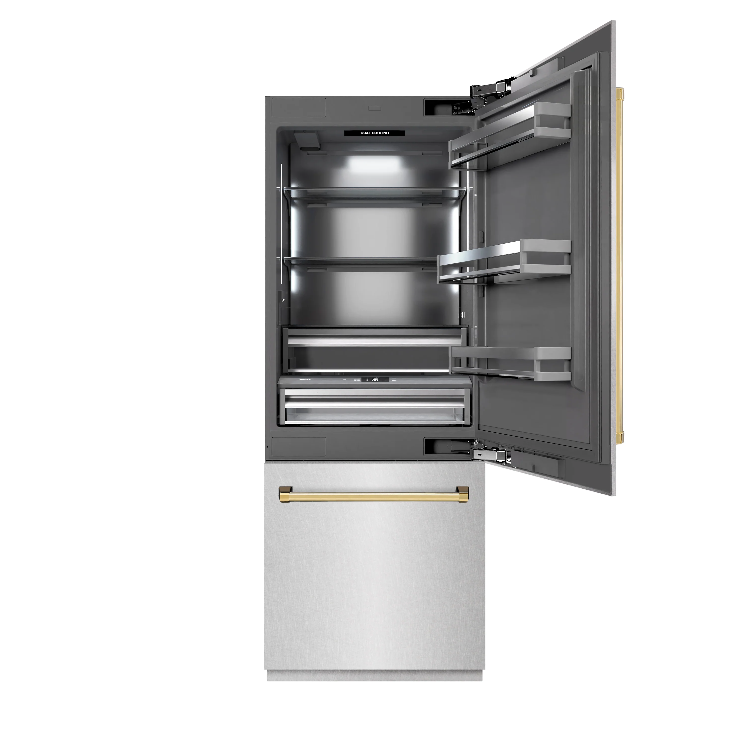 ZLINE Autograph Edition 30 in. 16.1 cu. ft. Built-In Bottom Freezer Refrigerator with Water Dispenser and Ice Maker in Satin Stainless Steel with Graphite Gray Interior and Polished Gold Accents (GRBIVZ-SN-30-G)