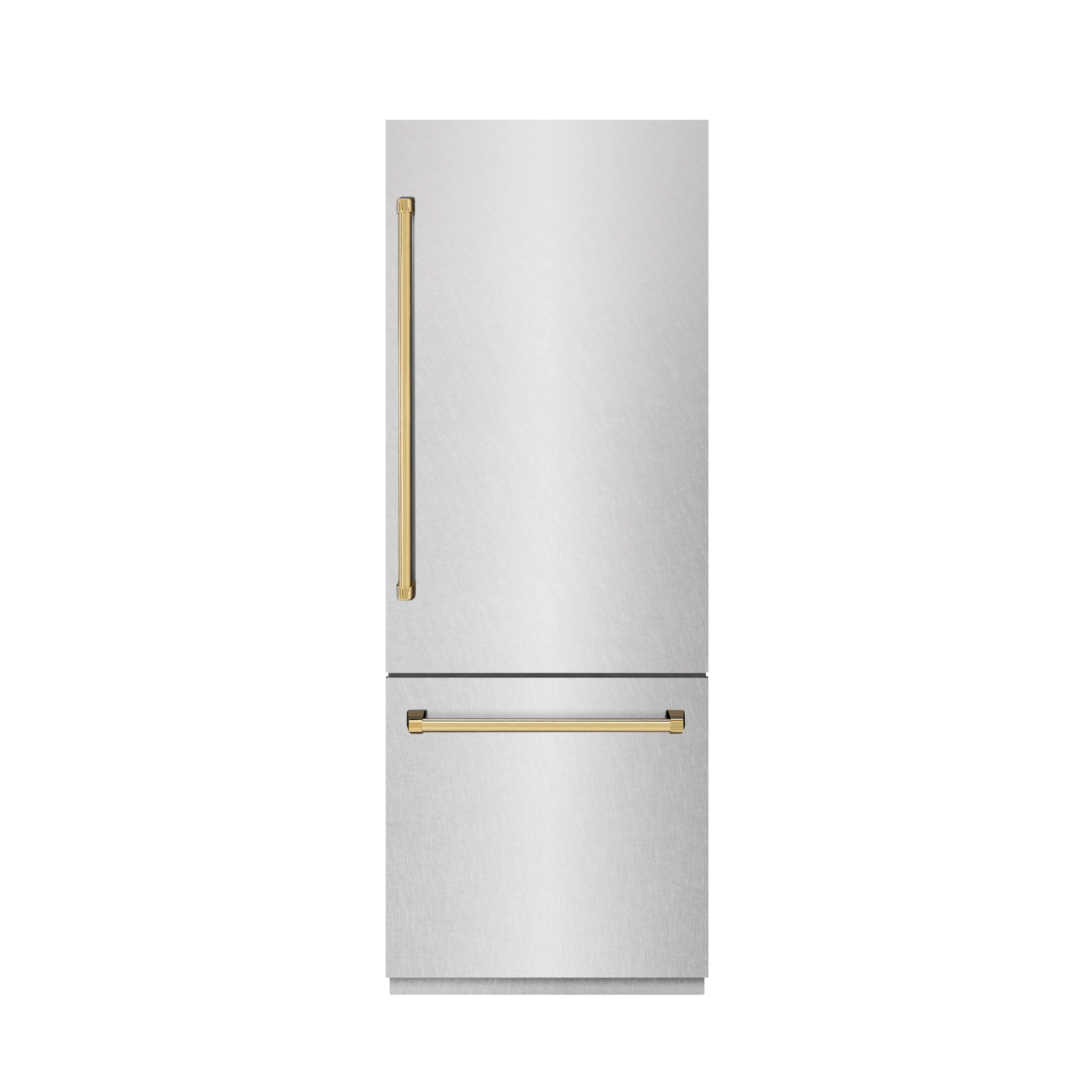 ZLINE Autograph Edition 30 in. 16.1 cu. ft. Built-In Bottom Freezer Refrigerator with Water Dispenser and Ice Maker in Satin Stainless Steel with Graphite Gray Interior and Polished Gold Accents (GRBIVZ-SN-30-G) - Image 2