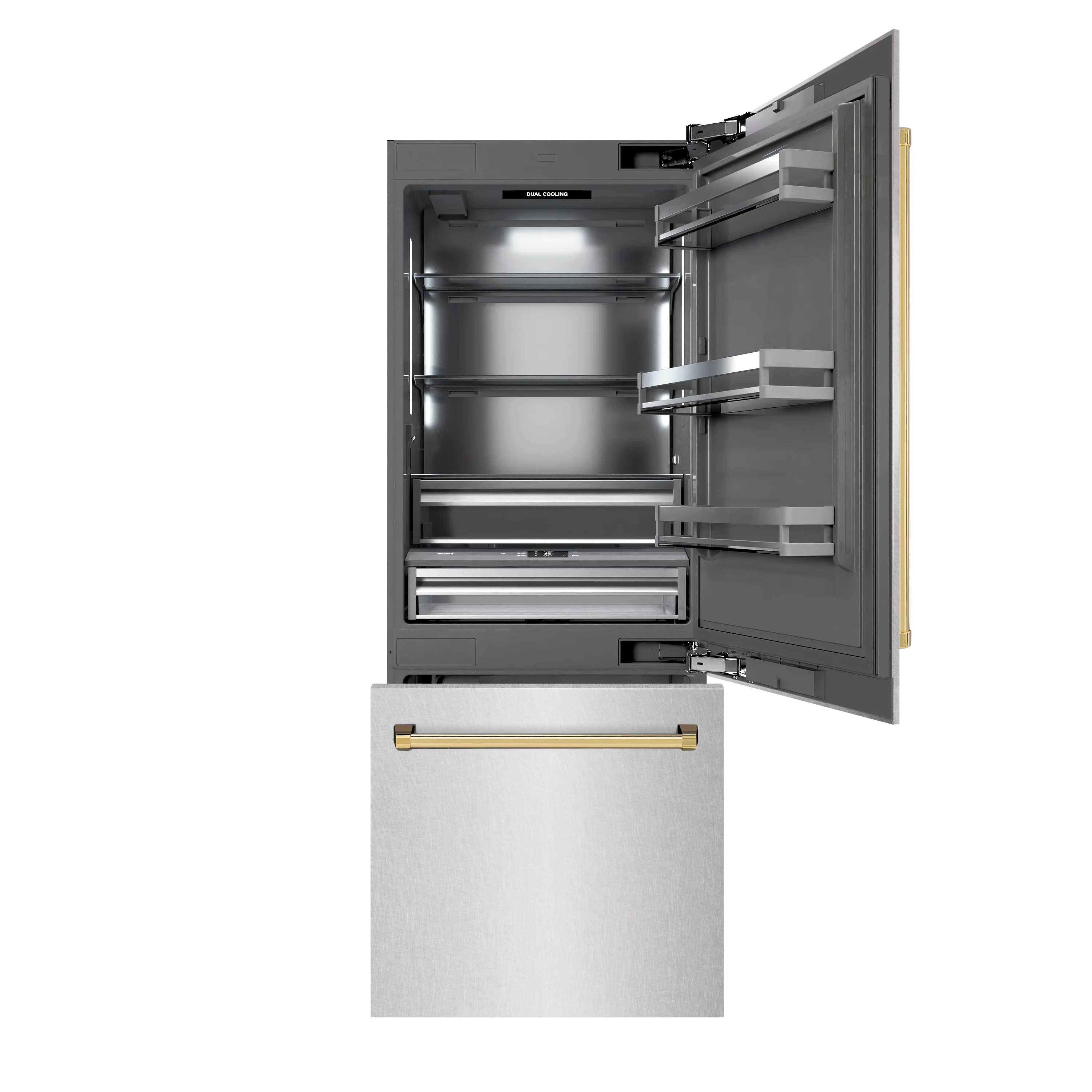 ZLINE Autograph Edition 30 in. 16.1 cu. ft. Built-In Bottom Freezer Refrigerator with Water Dispenser and Ice Maker in Satin Stainless Steel with Graphite Gray Interior and Polished Gold Accents (GRBIVZ-SN-30-G) - Image 5