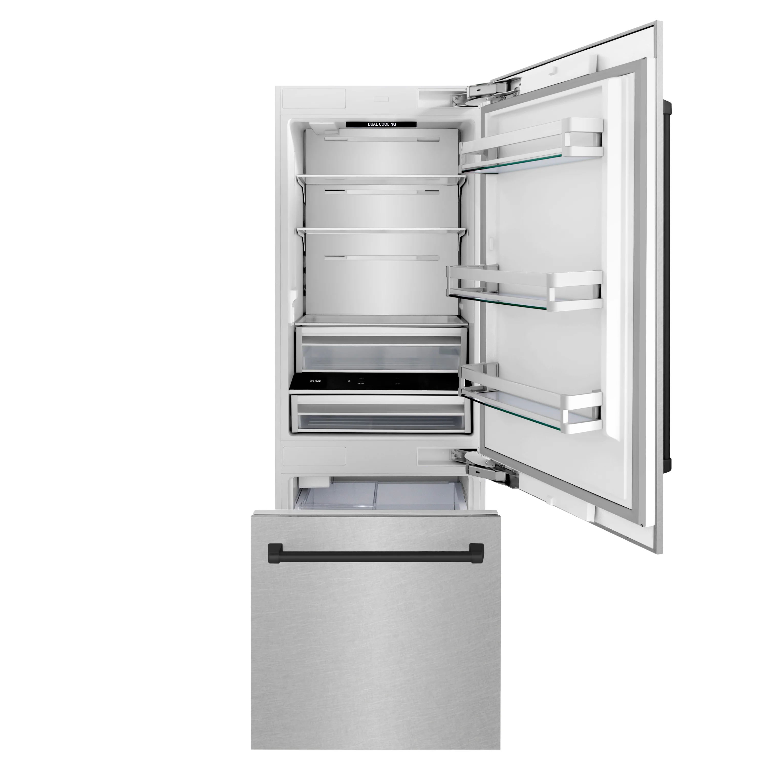 ZLINE Autograph Edition 30 in. 16.1 cu. ft. Built-In Bottom Freezer Refrigerator with Water Dispenser and Ice Maker in Satin Stainless Steel with Matte Black Accents (RBIVZ-SN-30-MB) - Image 7
