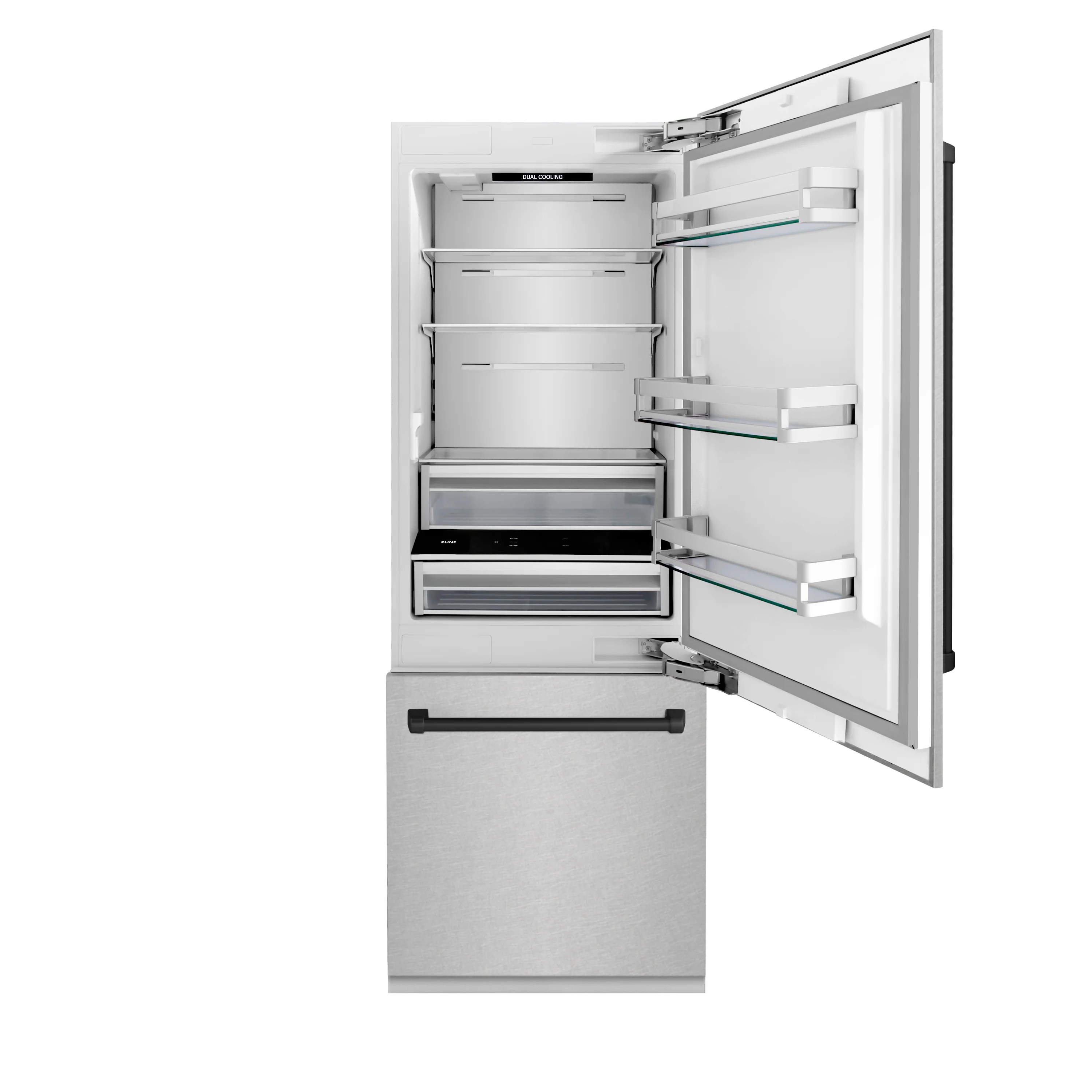 ZLINE Autograph Edition 30 in. 16.1 cu. ft. Built-In Bottom Freezer Refrigerator with Water Dispenser and Ice Maker in Satin Stainless Steel with Matte Black Accents (RBIVZ-SN-30-MB) - Image 8