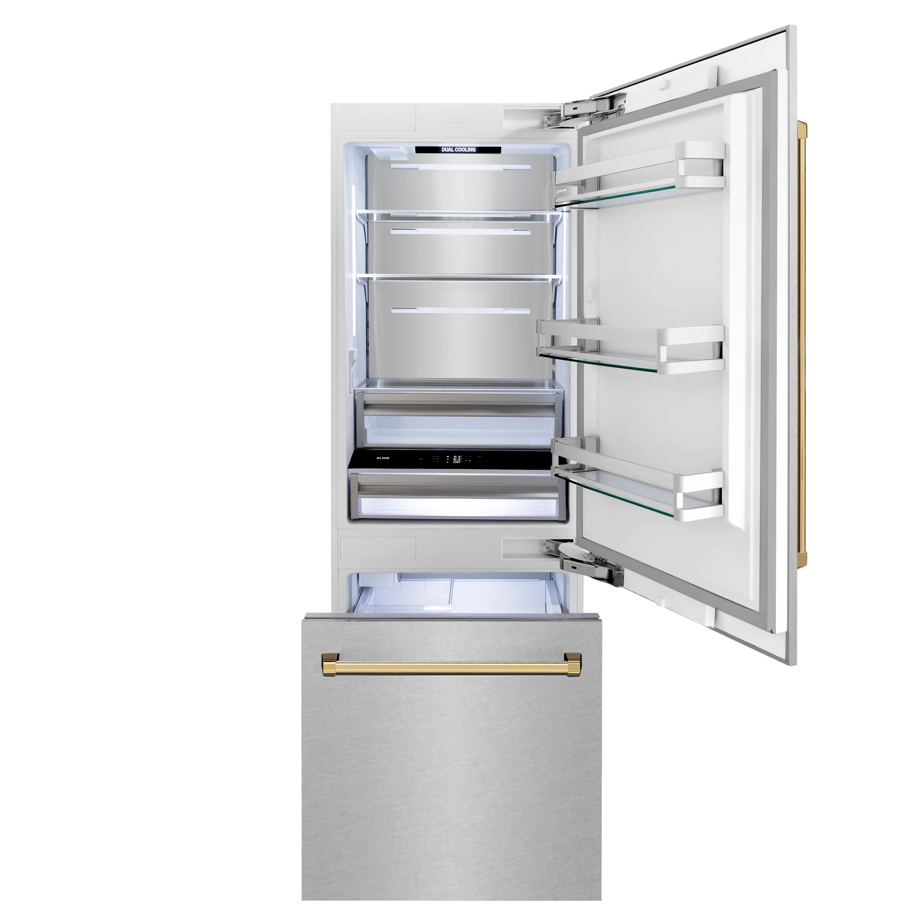ZLINE Autograph Edition 30 in. 16.1 cu. ft. Built-In Bottom Freezer Refrigerator with Water Dispenser and Ice Maker in Satin Stainless Steel with Polished Gold Accents (RBIVZ-SN-30-G) - Image 2