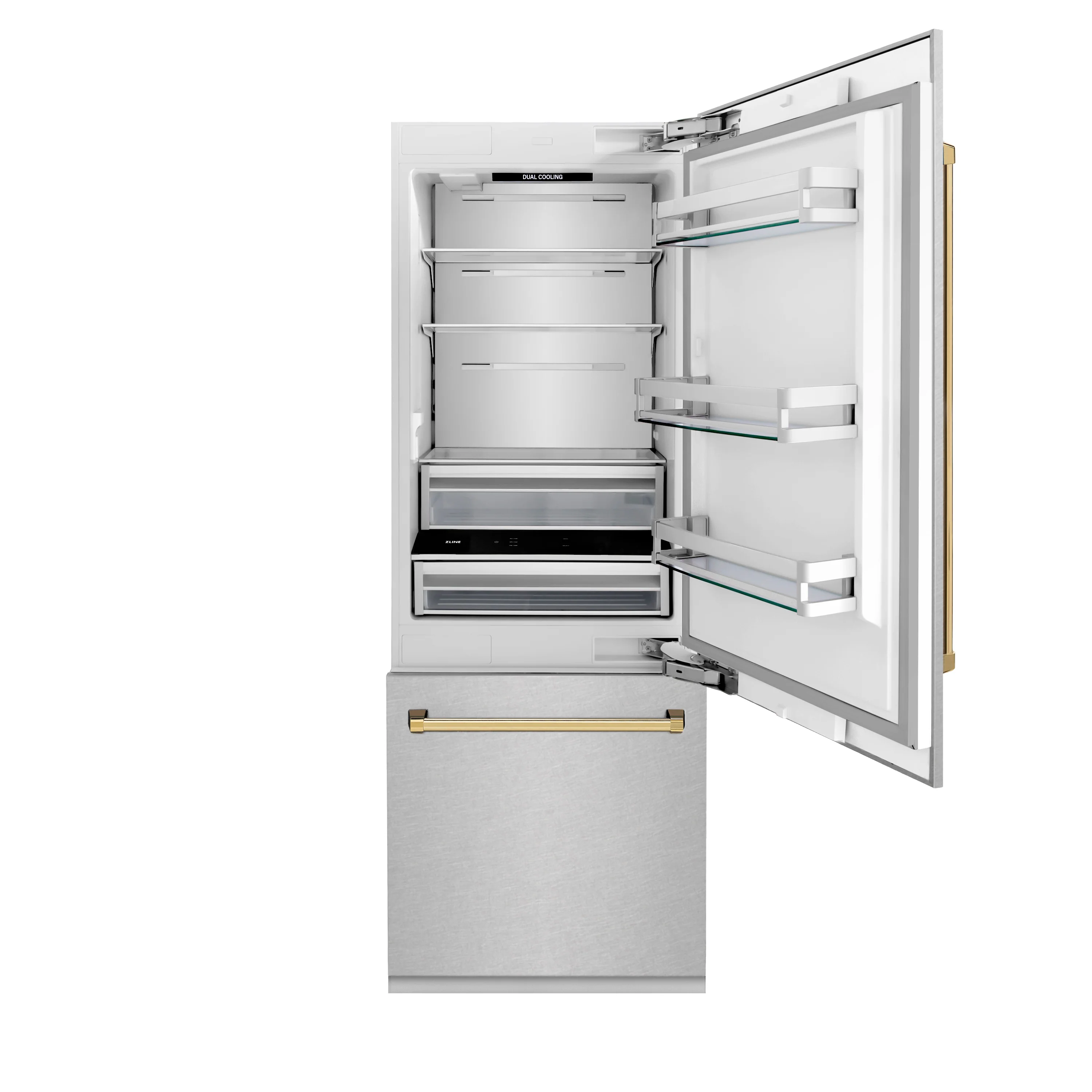 ZLINE Autograph Edition 30 in. 16.1 cu. ft. Built-In Bottom Freezer Refrigerator with Water Dispenser and Ice Maker in Satin Stainless Steel with Polished Gold Accents (RBIVZ-SN-30-G) - Image 6