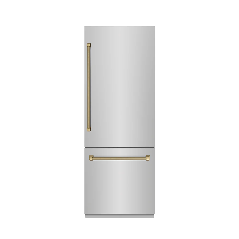 ZLINE Autograph Edition 30 in. 16.1 cu. ft. Built-In Bottom Freezer Refrigerator with Water Dispenser and Ice Maker in Stainless Steel with Graphite Gray Interior and Champagne Bronze Helix Handles (GRBIVZ-30430KCB) - Image 3