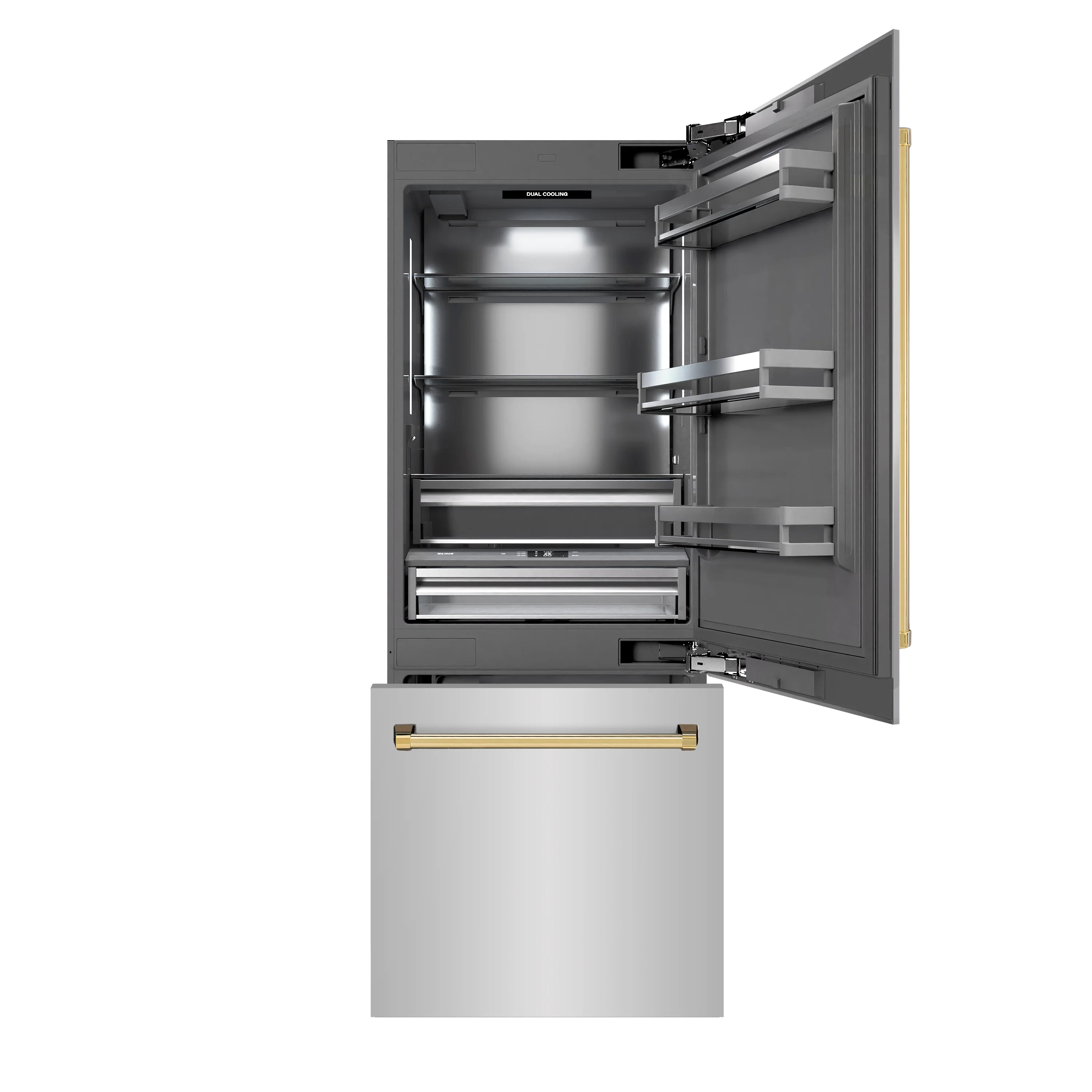 ZLINE Autograph Edition 30 in. 16.1 cu. ft. Built-In Bottom Freezer Refrigerator with Water Dispenser and Ice Maker in Stainless Steel with Graphite Gray Interior and Polished Gold Accents (GRBIVZ-304-30G) - Image 3