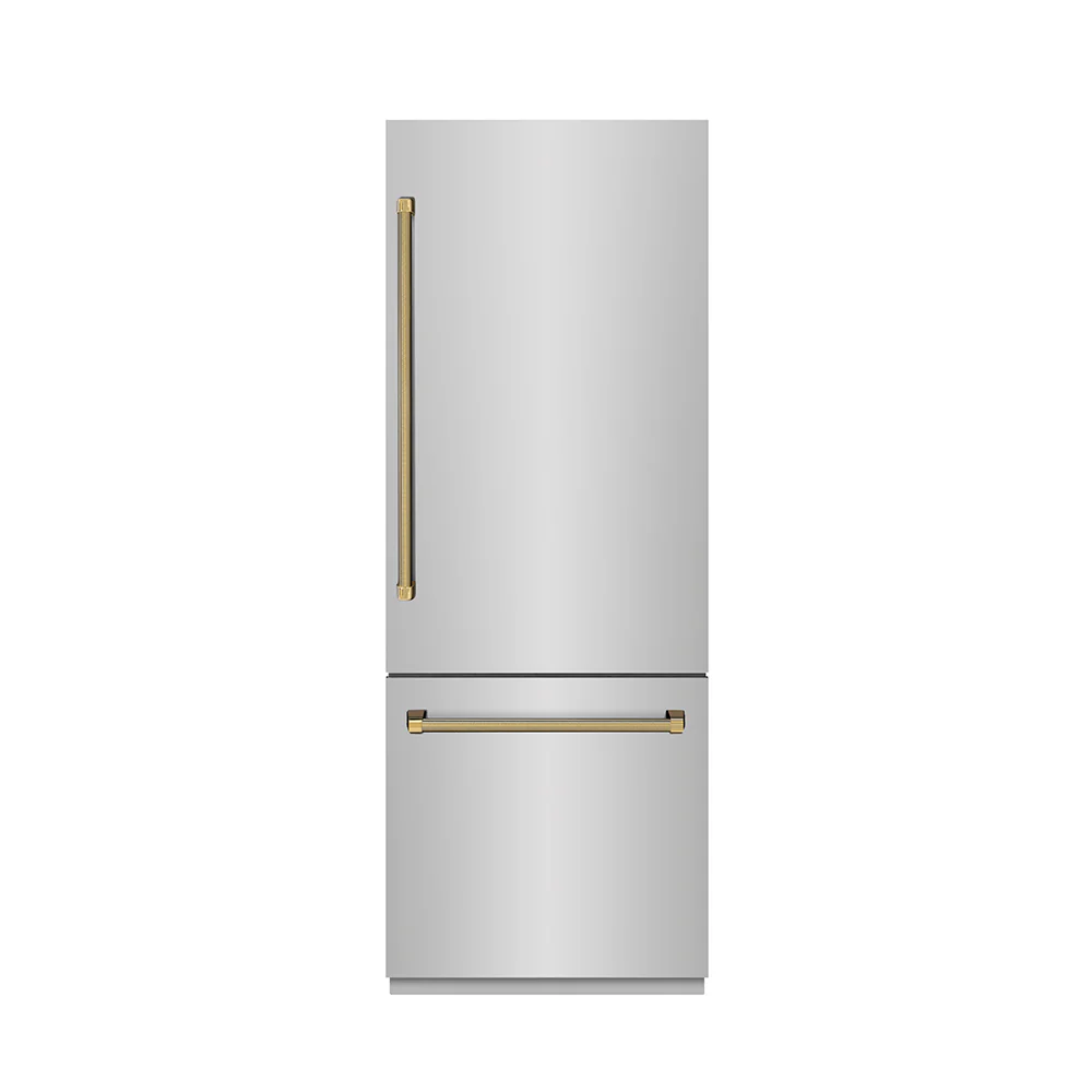 ZLINE Autograph Edition 30 in. 16.1 cu. ft. Built-In Bottom Freezer Refrigerator with Water Dispenser and Ice Maker in Stainless Steel with Graphite Gray Interior and Polished Gold Helix Handles (GRBIVZ-30430KG) - Image 2