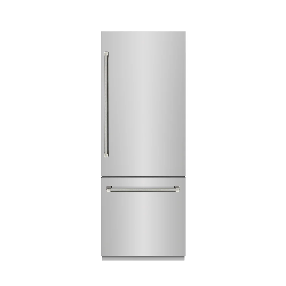 ZLINE Autograph Edition 30 in. 16.1 cu. ft. Built-In Bottom Freezer Refrigerator with Water Dispenser and Ice Maker in Stainless Steel with Graphite Gray Interior and Polished Nickel Helix Handles (GRBIVZ-30430KPN) - Image 3