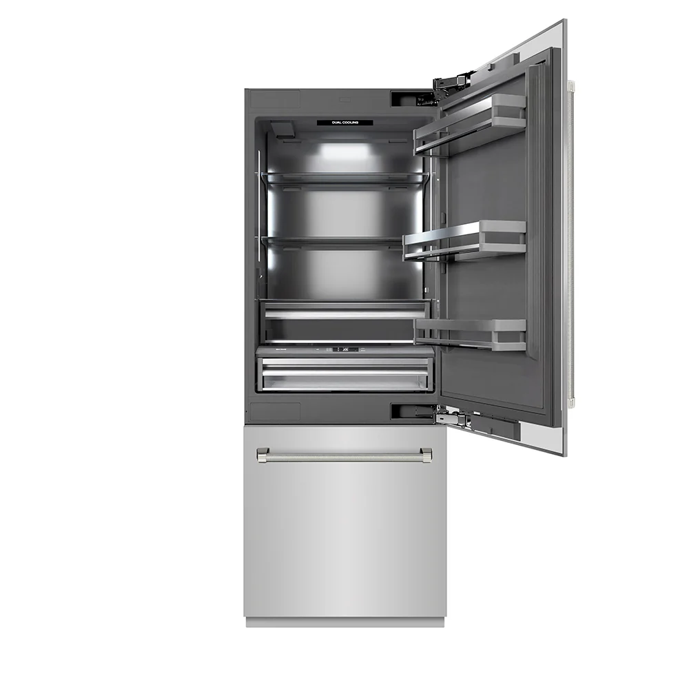 ZLINE Autograph Edition 30 in. 16.1 cu. ft. Built-In Bottom Freezer Refrigerator with Water Dispenser and Ice Maker in Stainless Steel with Graphite Gray Interior and Polished Nickel Helix Handles (GRBIVZ-30430KPN) - Image 4
