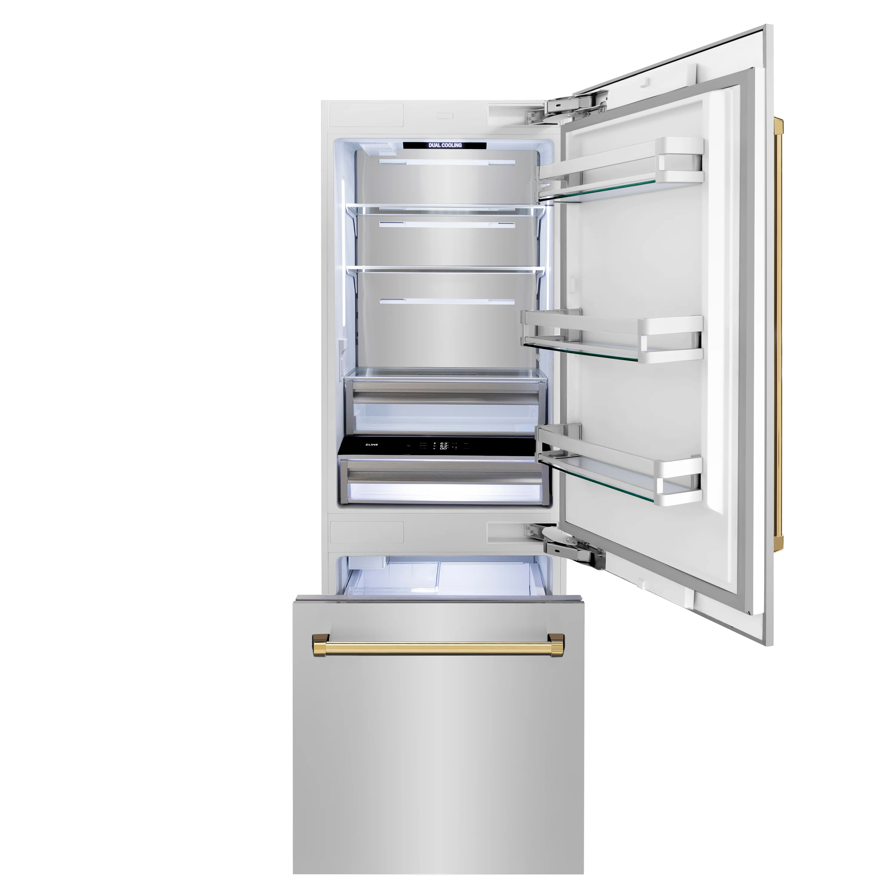 ZLINE Autograph Edition 30 in. 16.1 cu. ft. Built-In Bottom Freezer Refrigerator with Water Dispenser and Ice Maker in Stainless Steel with Polished Gold Accents (RBIVZ-304-30-G) - Image 6