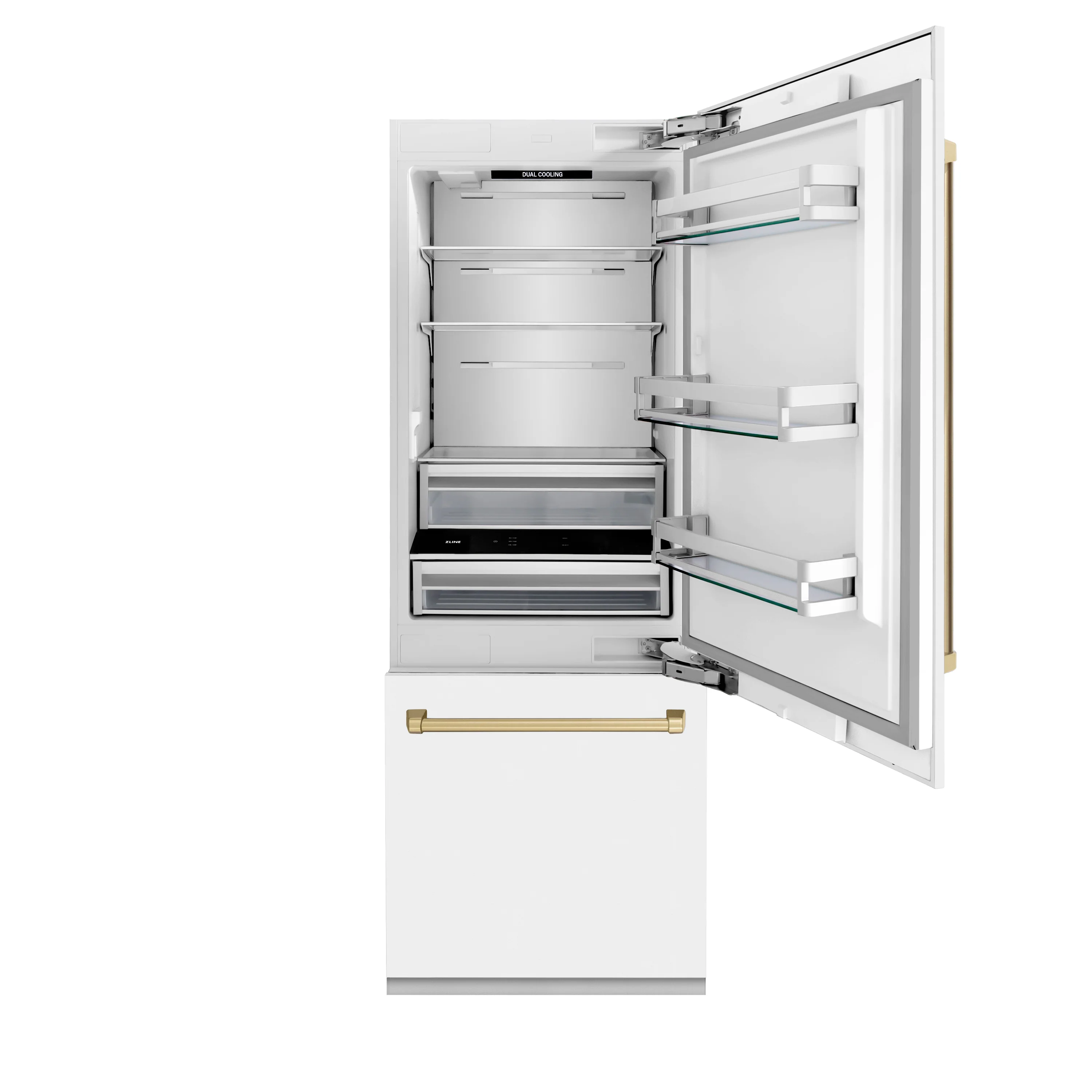 ZLINE Autograph Edition 30 in. 16.1 cu. ft. Built-In Bottom Freezer Refrigerator with Water Dispenser and Ice Maker in White Matte with Champagne Bronze Accents (RBIVZ-WM-30-CB) - Image 6