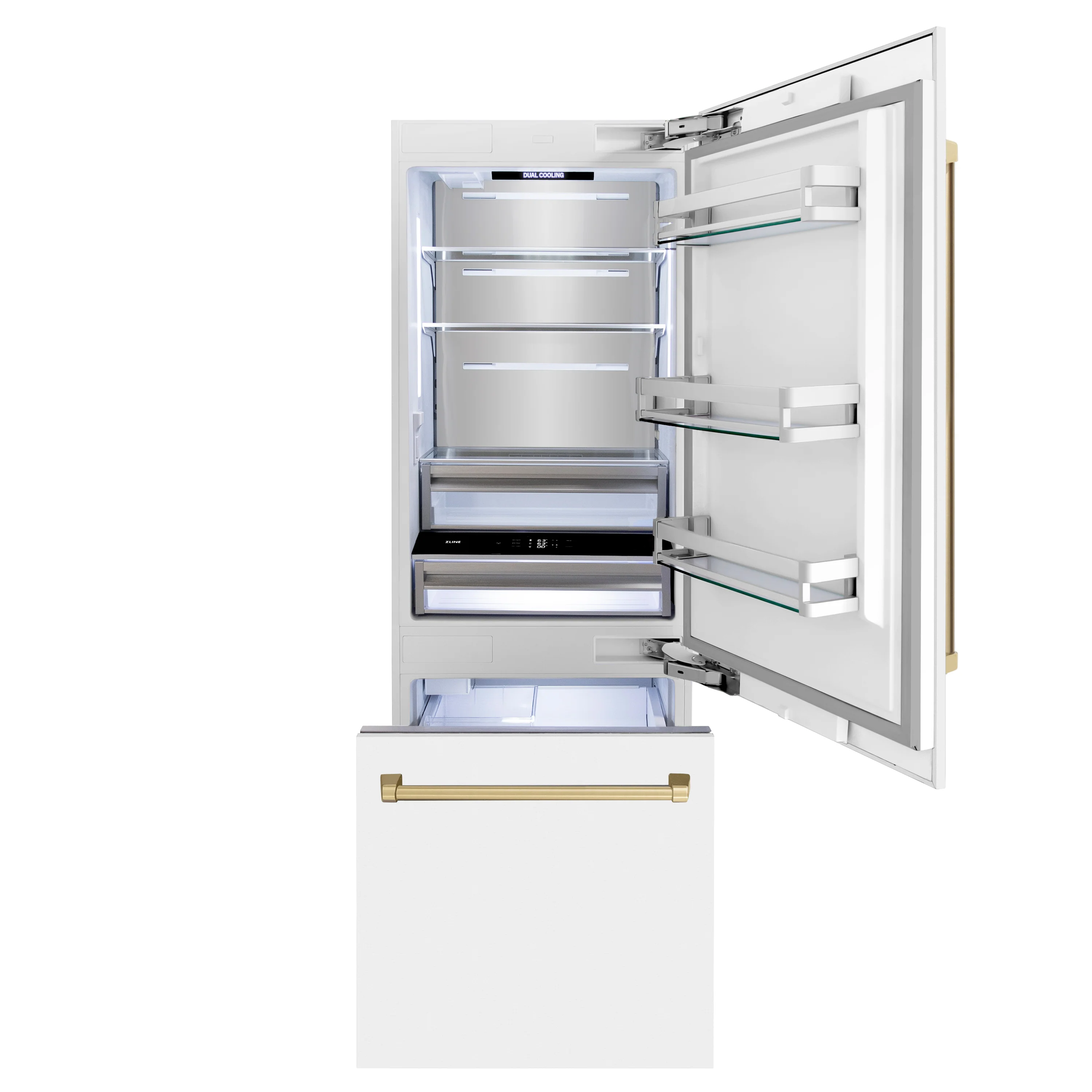 ZLINE Autograph Edition 30 in. 16.1 cu. ft. Built-In Bottom Freezer Refrigerator with Water Dispenser and Ice Maker in White Matte with Champagne Bronze Accents (RBIVZ-WM-30-CB) - Image 8