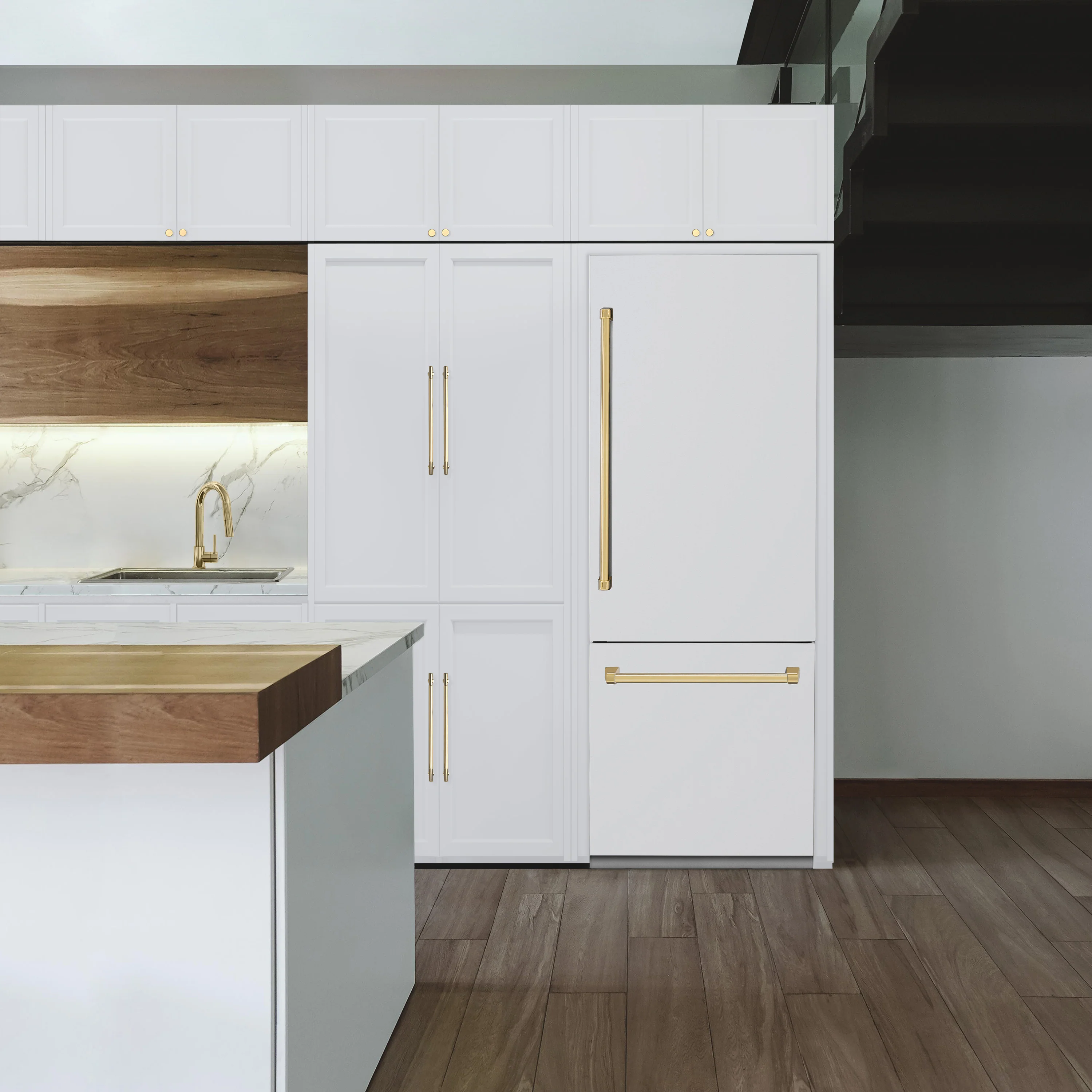 ZLINE Autograph Edition 30 in. 16.1 cu. ft. Built-In Bottom Freezer Refrigerator with Water Dispenser and Ice Maker in White Matte with Polished Gold Accents (RBIVZ-WM-30-G) - Image 2