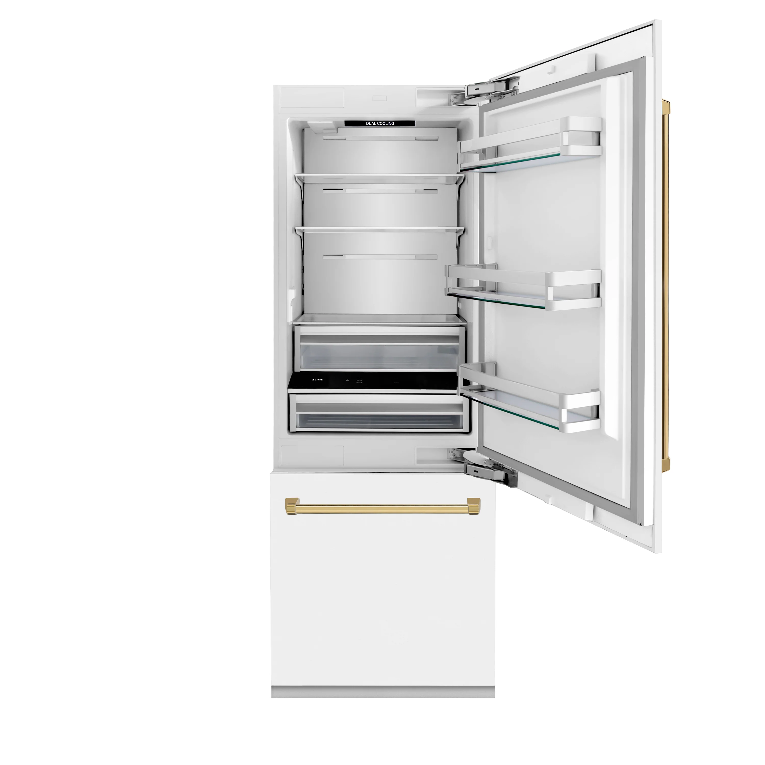 ZLINE Autograph Edition 30 in. 16.1 cu. ft. Built-In Bottom Freezer Refrigerator with Water Dispenser and Ice Maker in White Matte with Polished Gold Accents (RBIVZ-WM-30-G) - Image 5