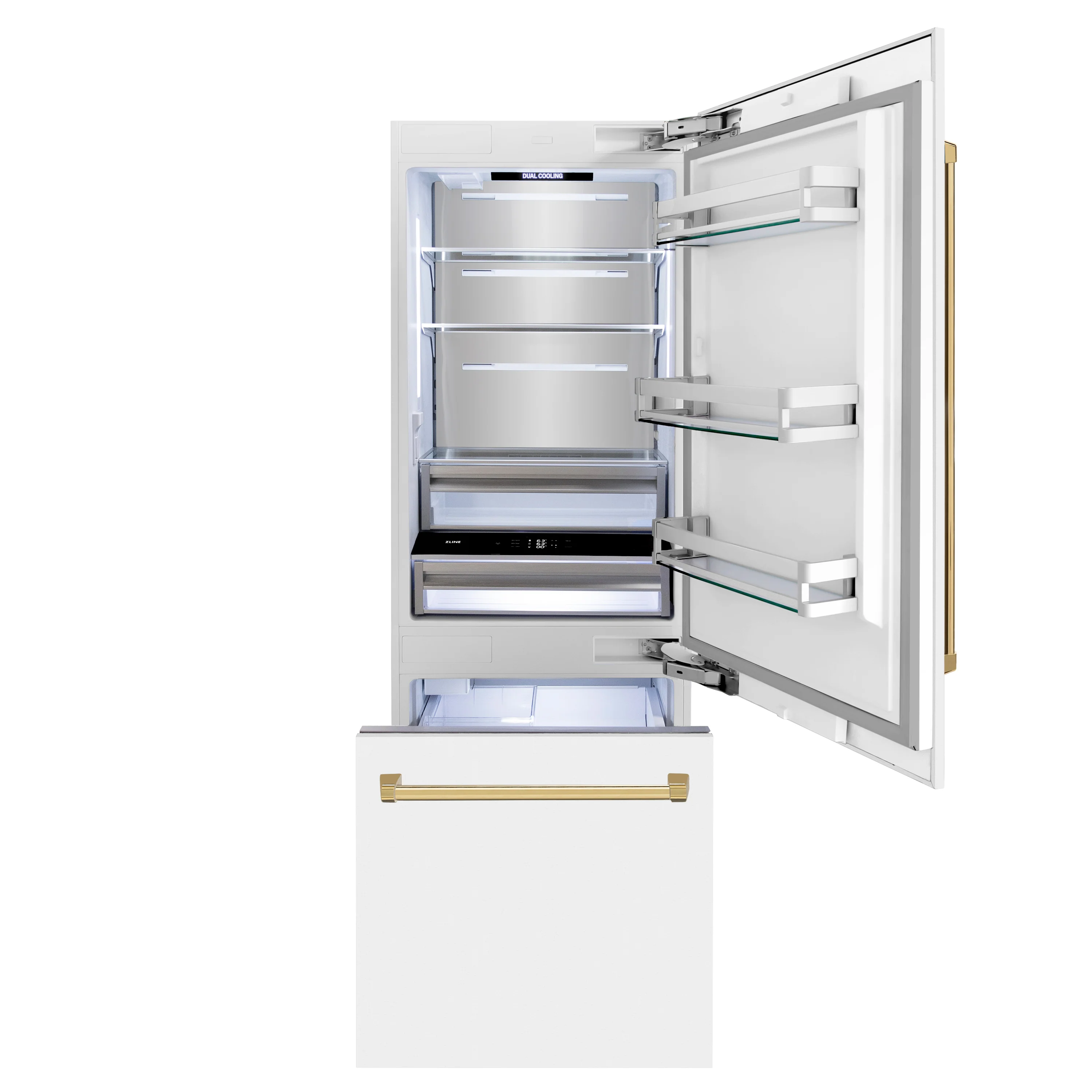 ZLINE Autograph Edition 30 in. 16.1 cu. ft. Built-In Bottom Freezer Refrigerator with Water Dispenser and Ice Maker in White Matte with Polished Gold Accents (RBIVZ-WM-30-G) - Image 7