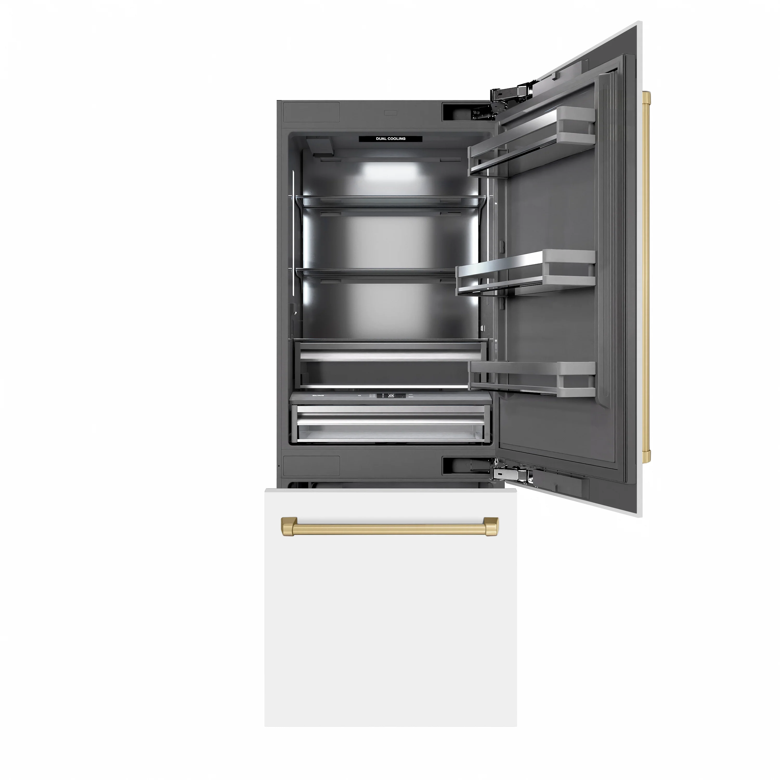 ZLINE Autograph Edition 30 in. 16.1 cu. ft. Built-In Bottom Freezer Refrigerator with Water Dispenser and Ice Maker in White Matte with Graphite Gray Interior and Champagne Bronze Accents (GRBIVZ-WM-30-CB) - Image 2