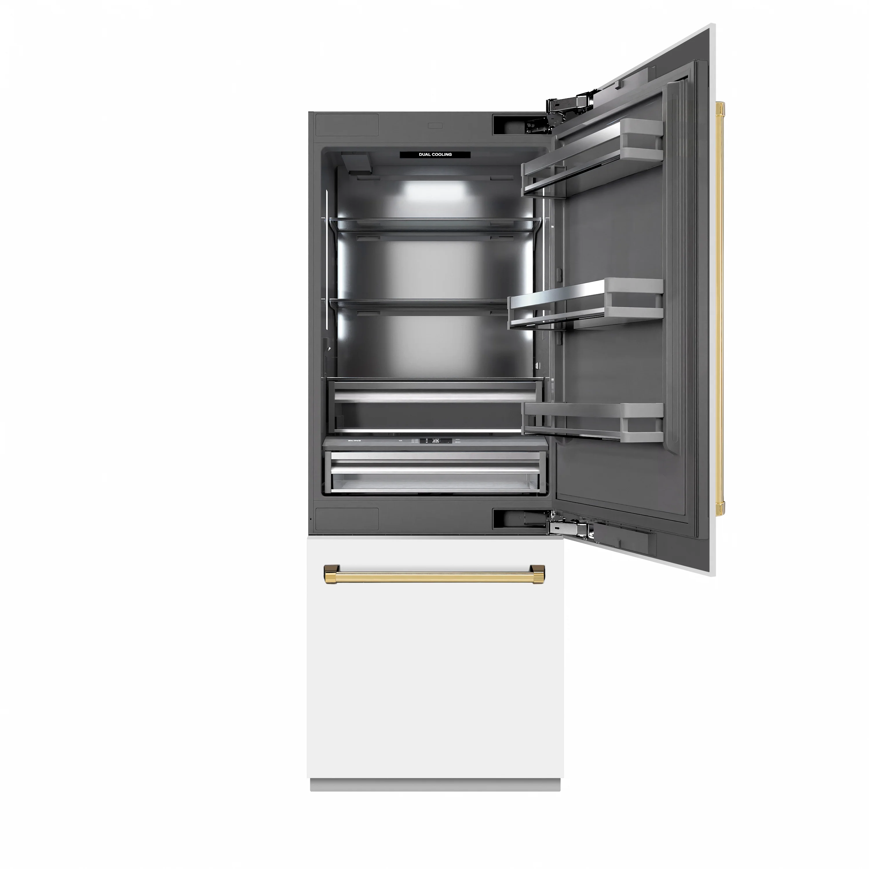 ZLINE Autograph Edition 30 in. 16.1 cu. ft. Built-In Bottom Freezer Refrigerator with Water Dispenser and Ice Maker in White Matte with Graphite Gray Interior and Polished Gold Accents (GRBIVZ-WM-30-G) - Image 2
