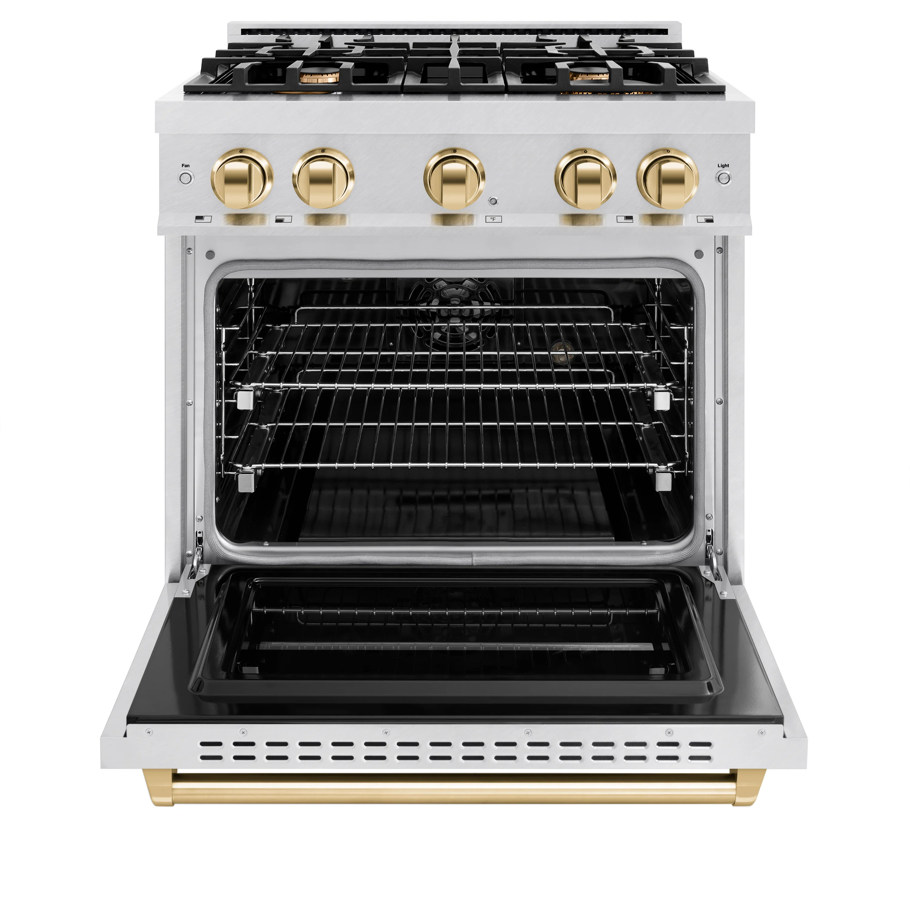 ZLINE Autograph Edition 30 in. 4.2 cu. ft. Classic Dual Fuel Range with 4 Burner Gas Cooktop and Electric Convection Oven in Satin Stainless Steel with Polished Gold Accents (CDRSZ-30-G) - Image 4