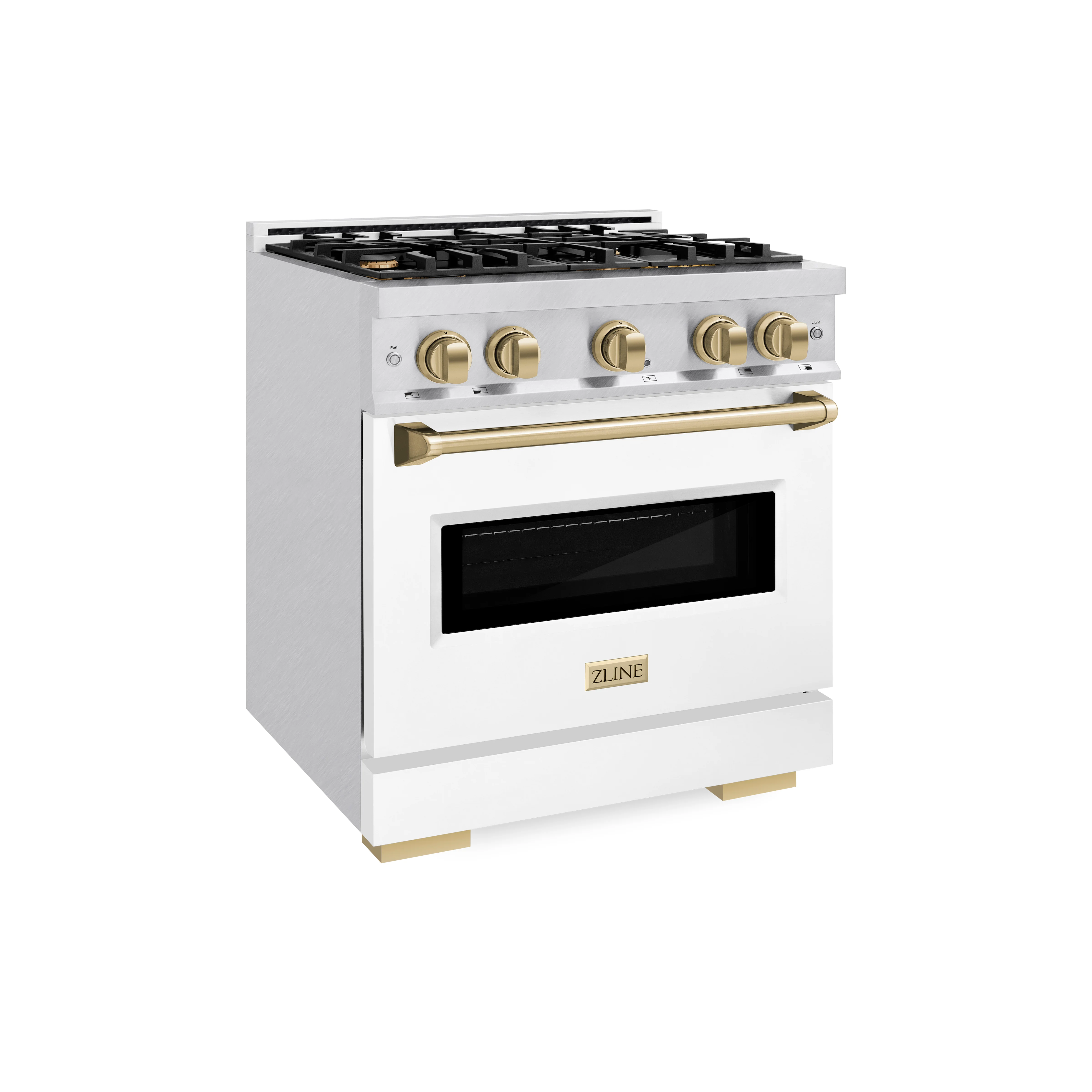 ZLINE Autograph Edition 30 in. 4.2 cu. ft. Classic Dual Fuel Range with 4 Burner Gas Cooktop and Electric Convection Oven in Satin Stainless Steel with White Matte Door and Polished Gold Accents (CDRSZ-WM-30-G) - Image 5