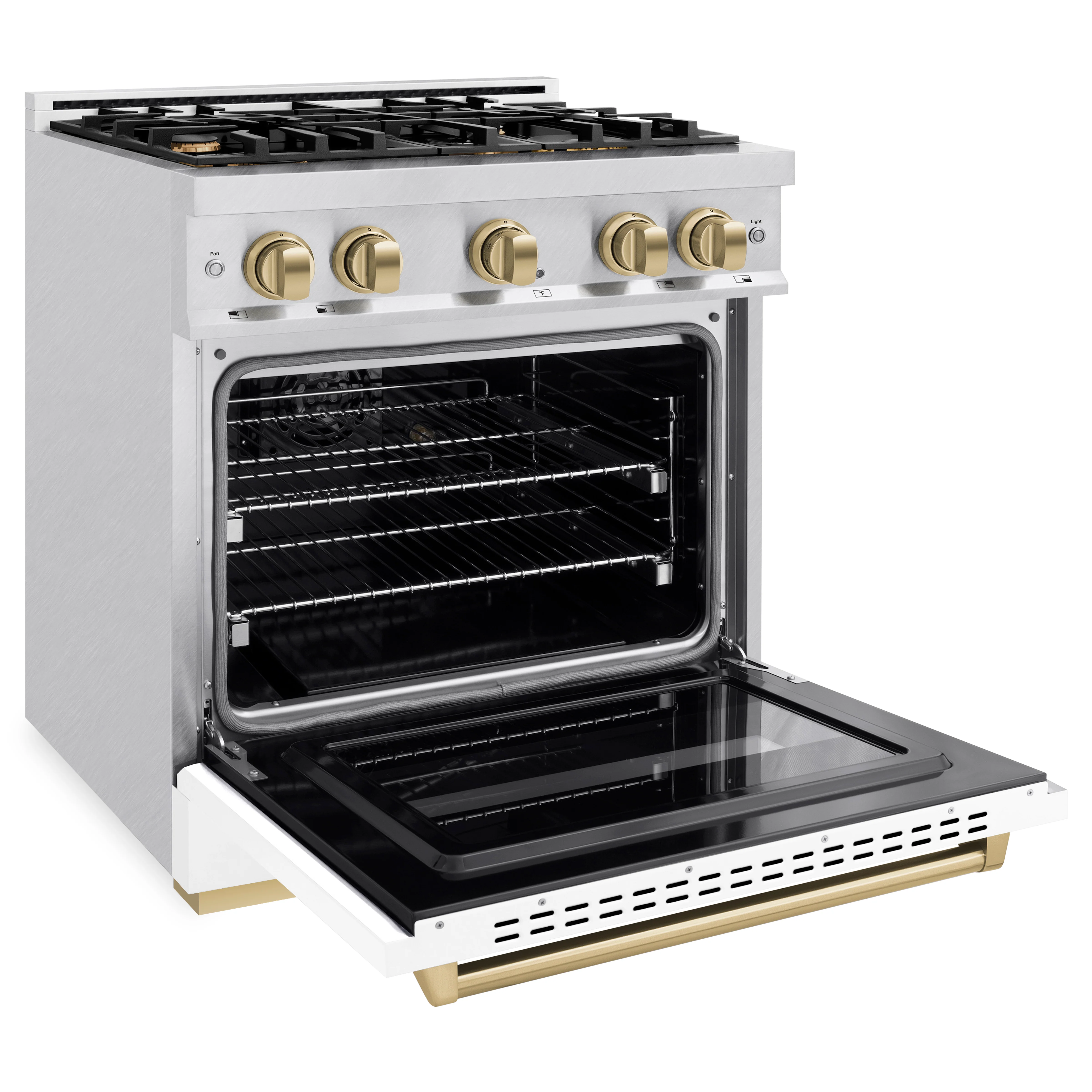 ZLINE Autograph Edition 30 in. 4.2 cu. ft. Classic Dual Fuel Range with 4 Burner Gas Cooktop and Electric Convection Oven in Satin Stainless Steel with White Matte Door and Polished Gold Accents (CDRSZ-WM-30-G) - Image 7