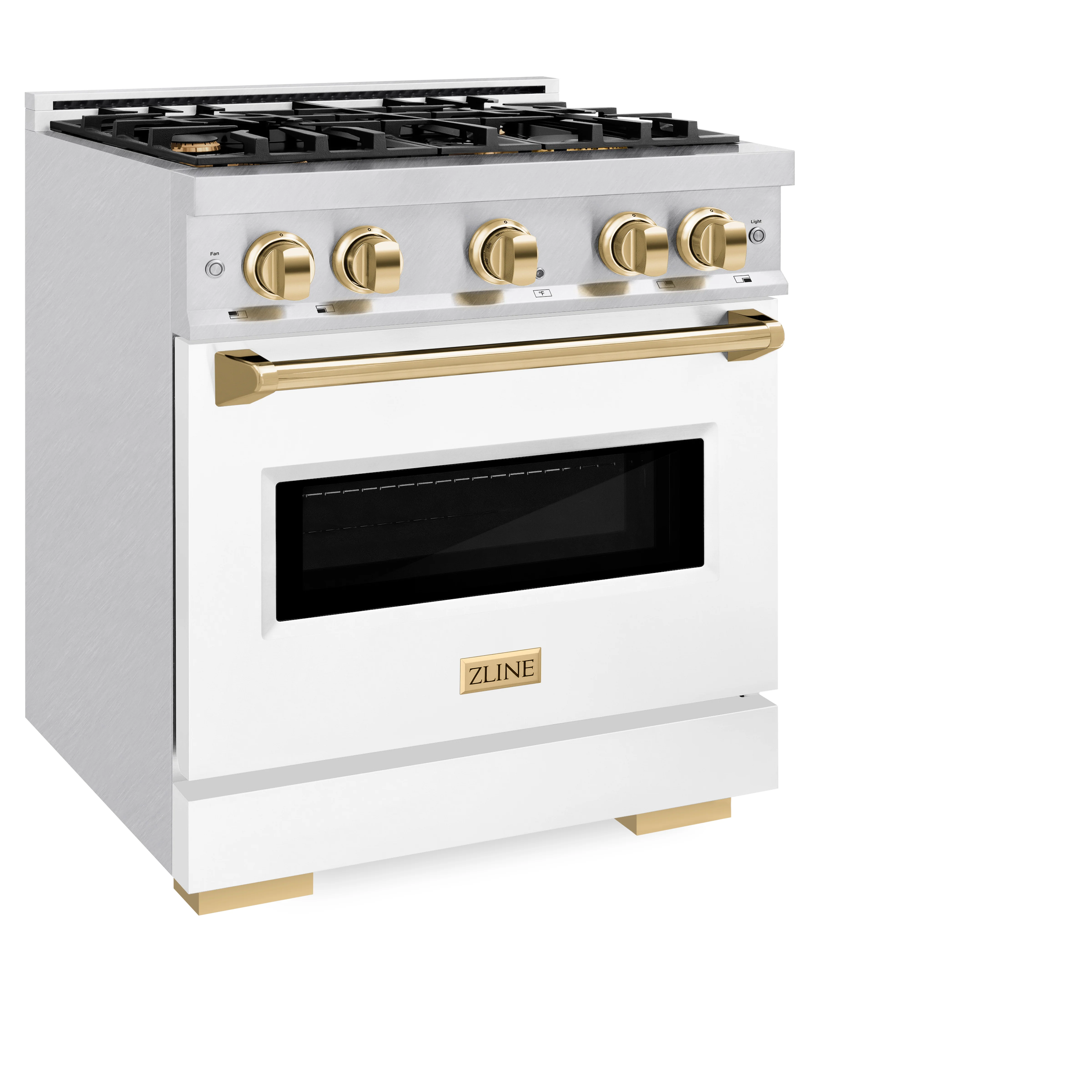 ZLINE Autograph Edition 30 in. 4.2 cu. ft. Classic Gas Range with 4 Burner Cooktop and Convection Gas Oven in Satin Stainless Steel with White Matte Door and Polished Gold Accents (CGRSZ-WM-30-G) - Image 8