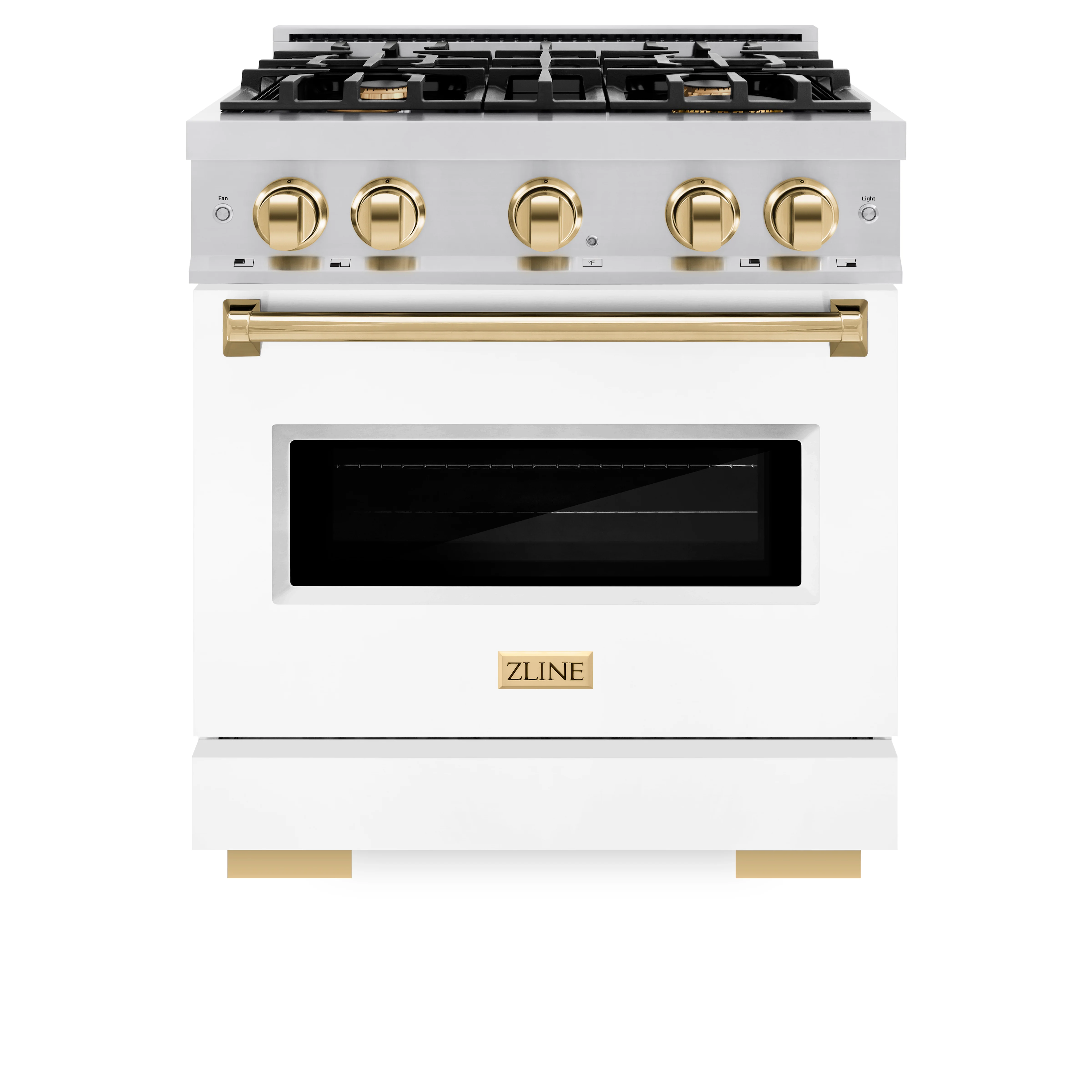ZLINE Autograph Edition 30 in. 4.2 cu. ft. Classic Gas Range with 4 Burner Cooktop and Convection Gas Oven in Stainless Steel with White Matte Door and Polished Gold Accents (CGRZ-WM-30-G) - Image 2