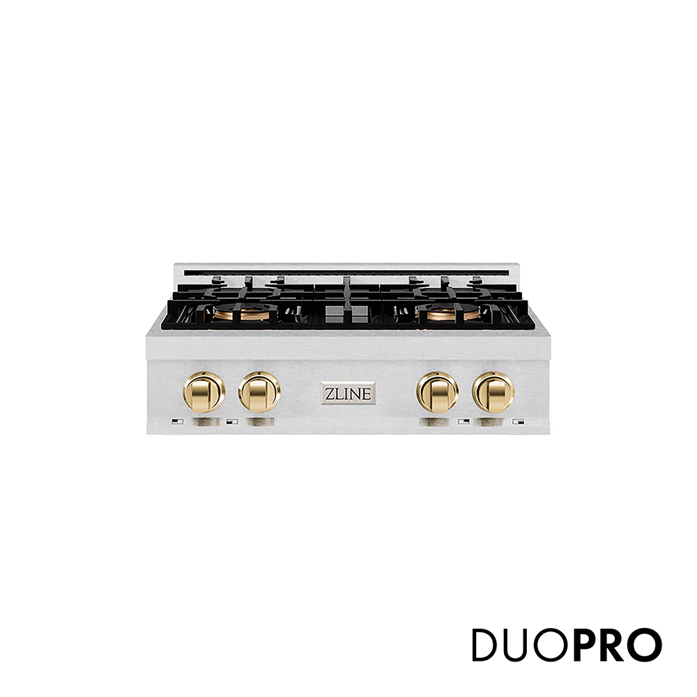ZLINE Autograph Edition 30 in. Classic Gas Rangetop with 4 Burner DuoPro™ Cooktop in Satin Stainless Steel and Matte Black Accents (PCRTSZ-30-MB)