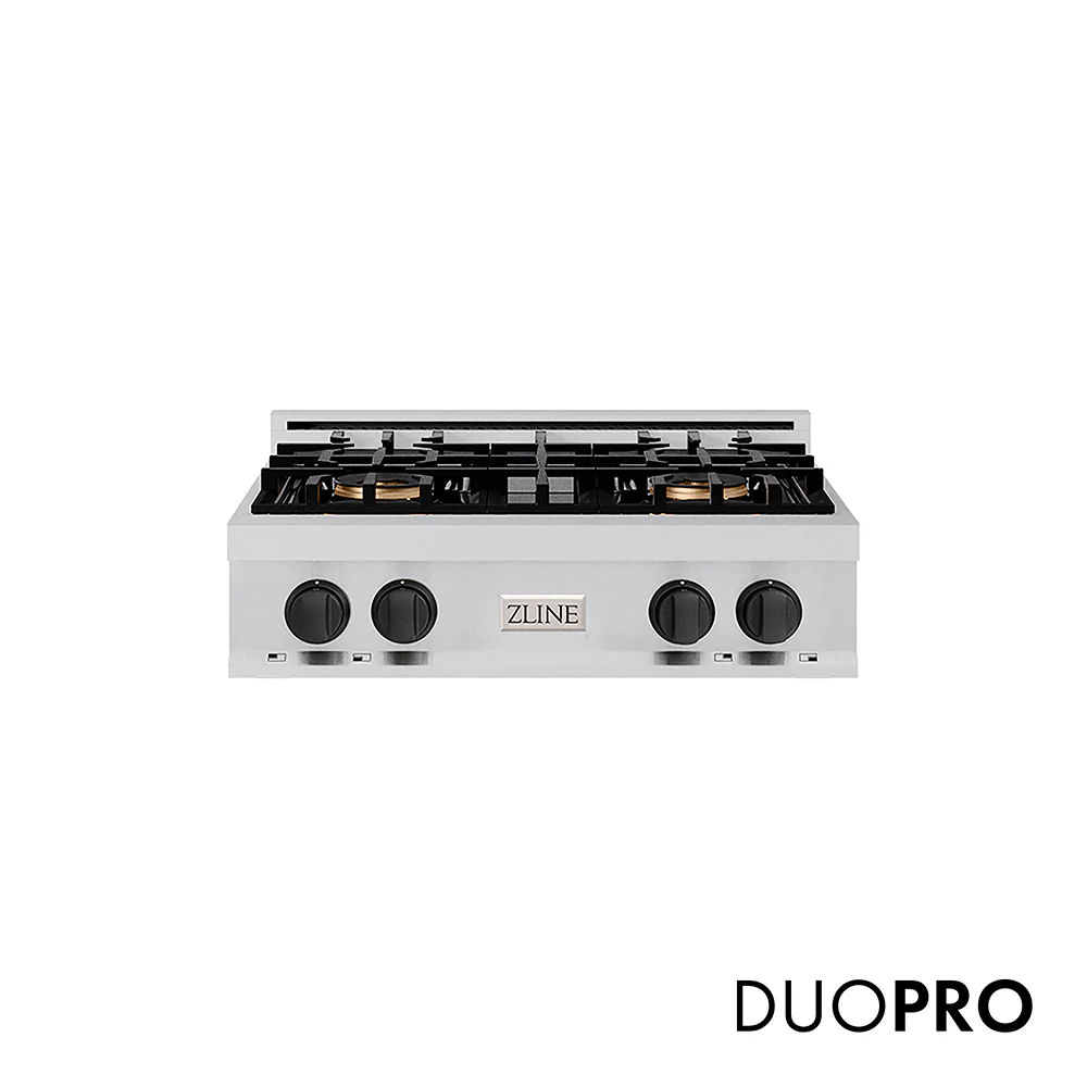 ZLINE Autograph Edition 30 in. Classic Gas Rangetop with 4 Burner DuoPro™ Cooktop in Stainless Steel and Matte Black Accents (PCRTZ-30-MB)