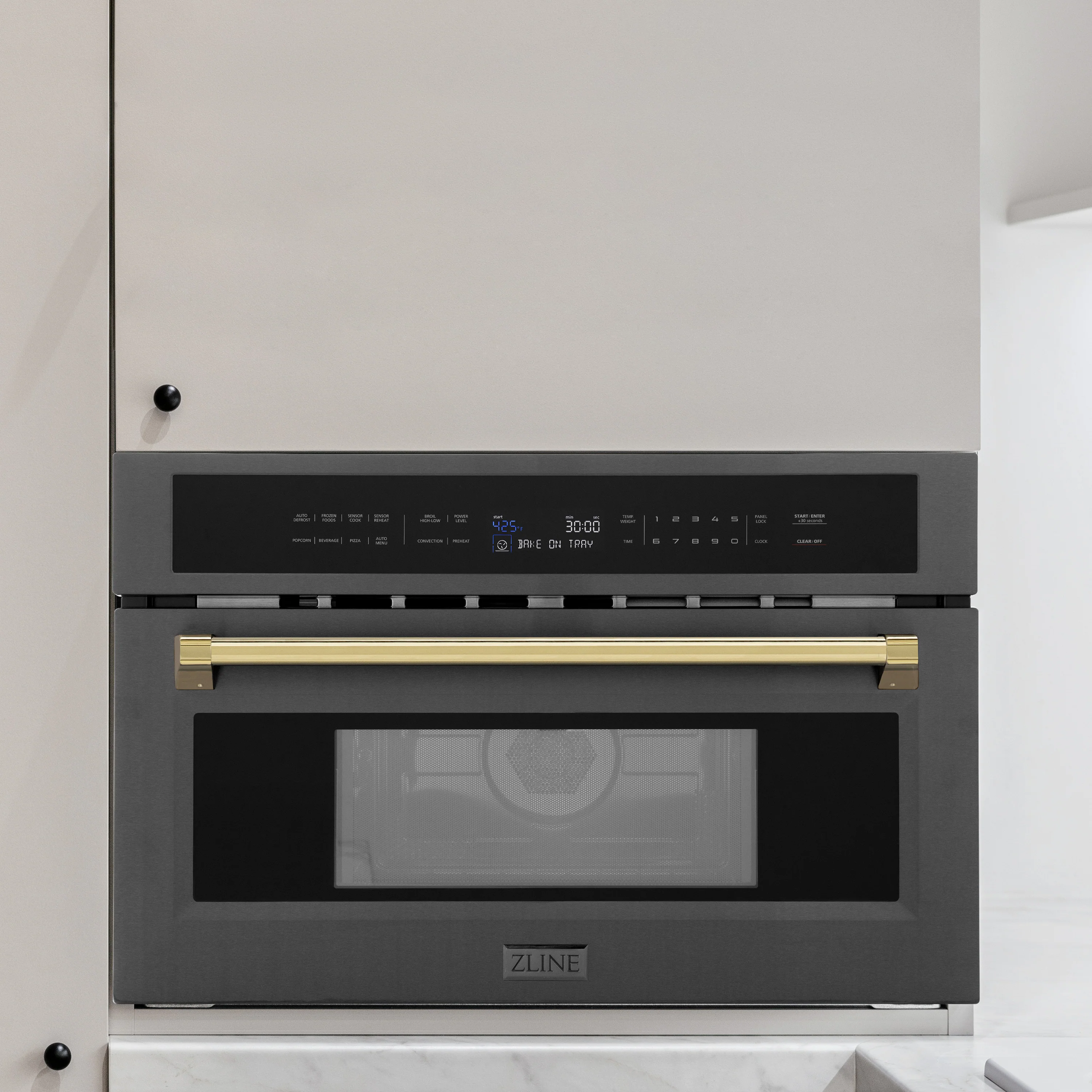 ZLINE Autograph Edition 30” 1.6 cu ft. Built-in Convection Microwave Oven in Black Stainless Steel and Polished Gold Accents (MWOZ-30-BS-G) - Image 12