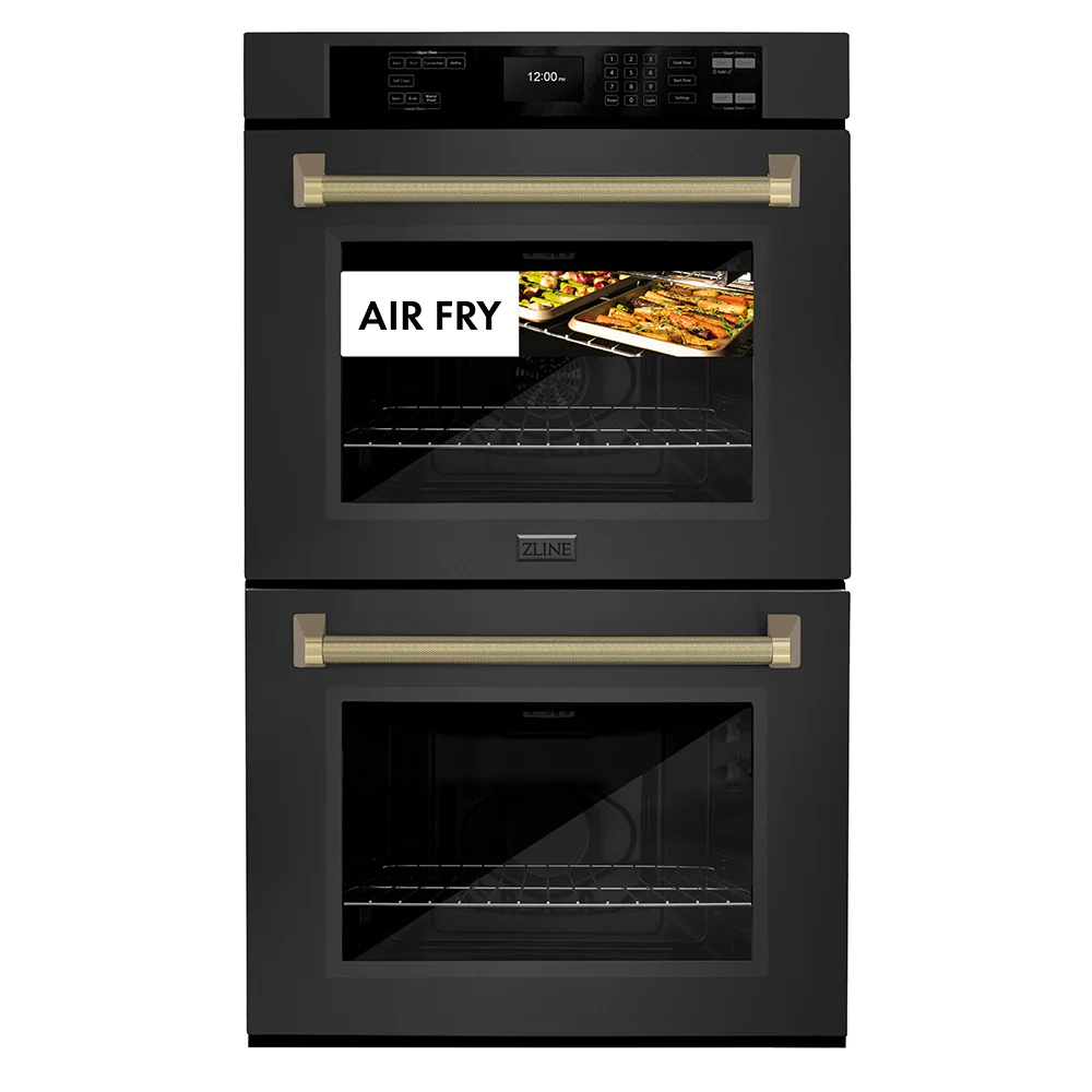 ZLINE Autograph Edition 30 in. Professional True Convection Double Wall Oven with Air Fry and Self Clean in Black Stainless Steel with Champagne Bronze Helix Handles (WADBZ-30-KCB) - Image 3