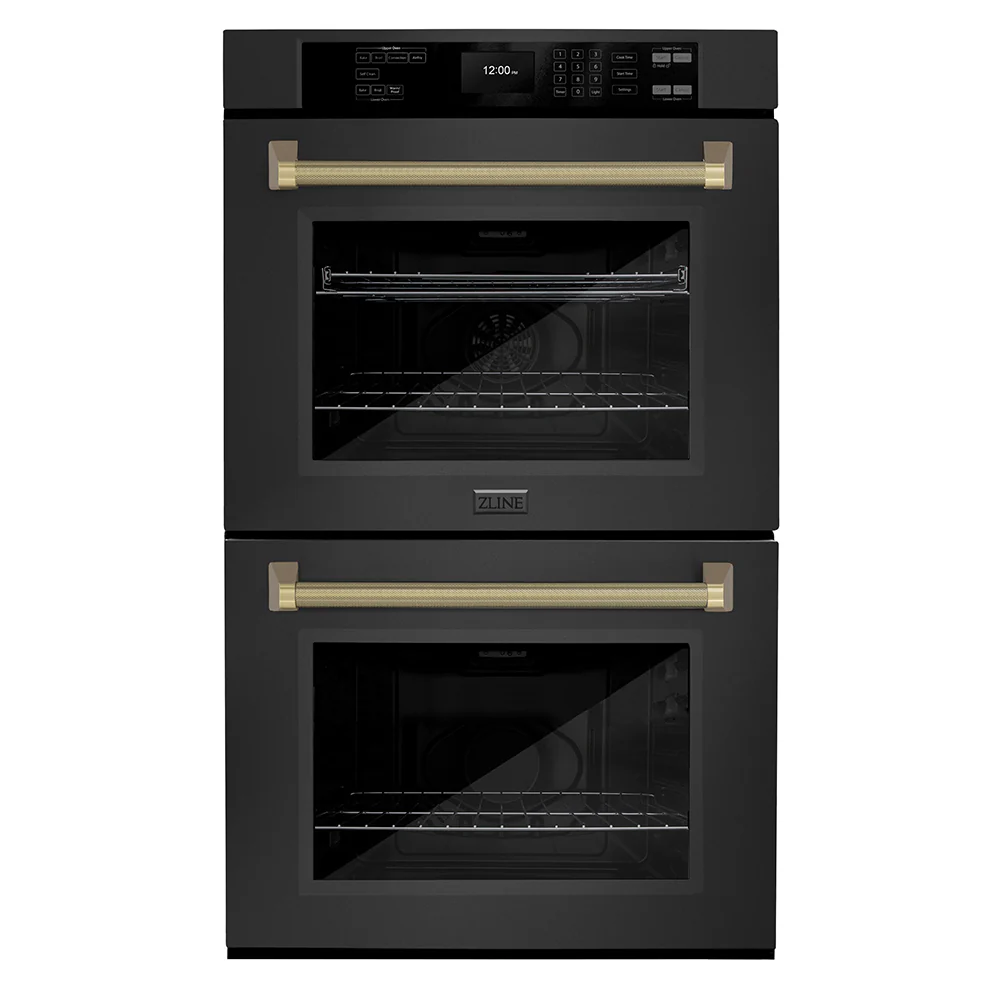 ZLINE Autograph Edition 30 in. Professional True Convection Double Wall Oven with Air Fry and Self Clean in Black Stainless Steel with Champagne Bronze Helix Handles (WADBZ-30-KCB) - Image 4