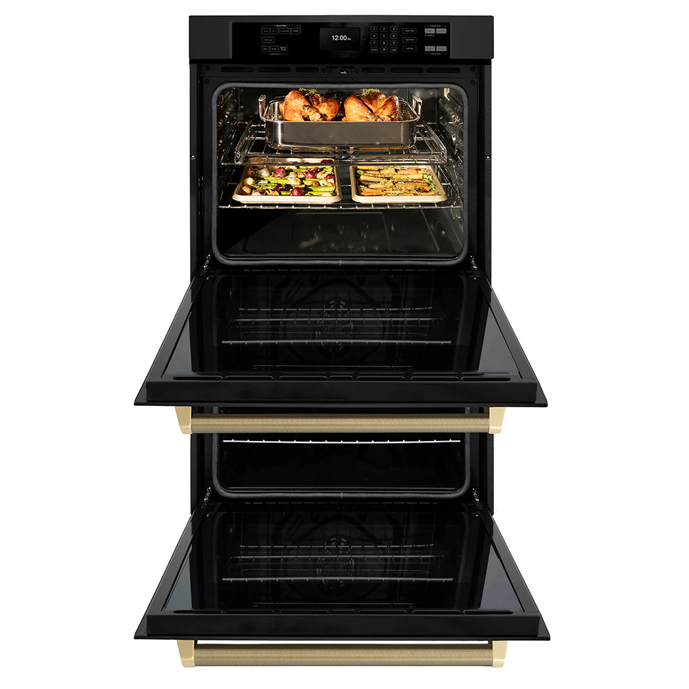 ZLINE Autograph Edition 30 in. Professional True Convection Double Wall Oven with Air Fry and Self Clean in Black Stainless Steel with Champagne Bronze Helix Handles (WADBZ-30-KCB) - Image 6
