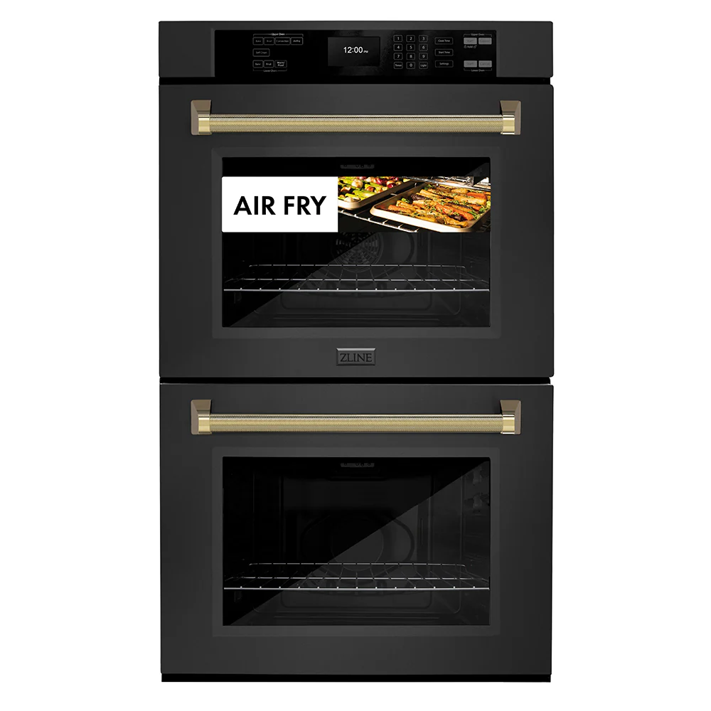 ZLINE Autograph Edition 30 in. Professional True Convection Double Wall Oven with Air Fry and Self Clean in Black Stainless Steel with Polished Gold Helix Handles (WADBZ-30-KG) - Image 3