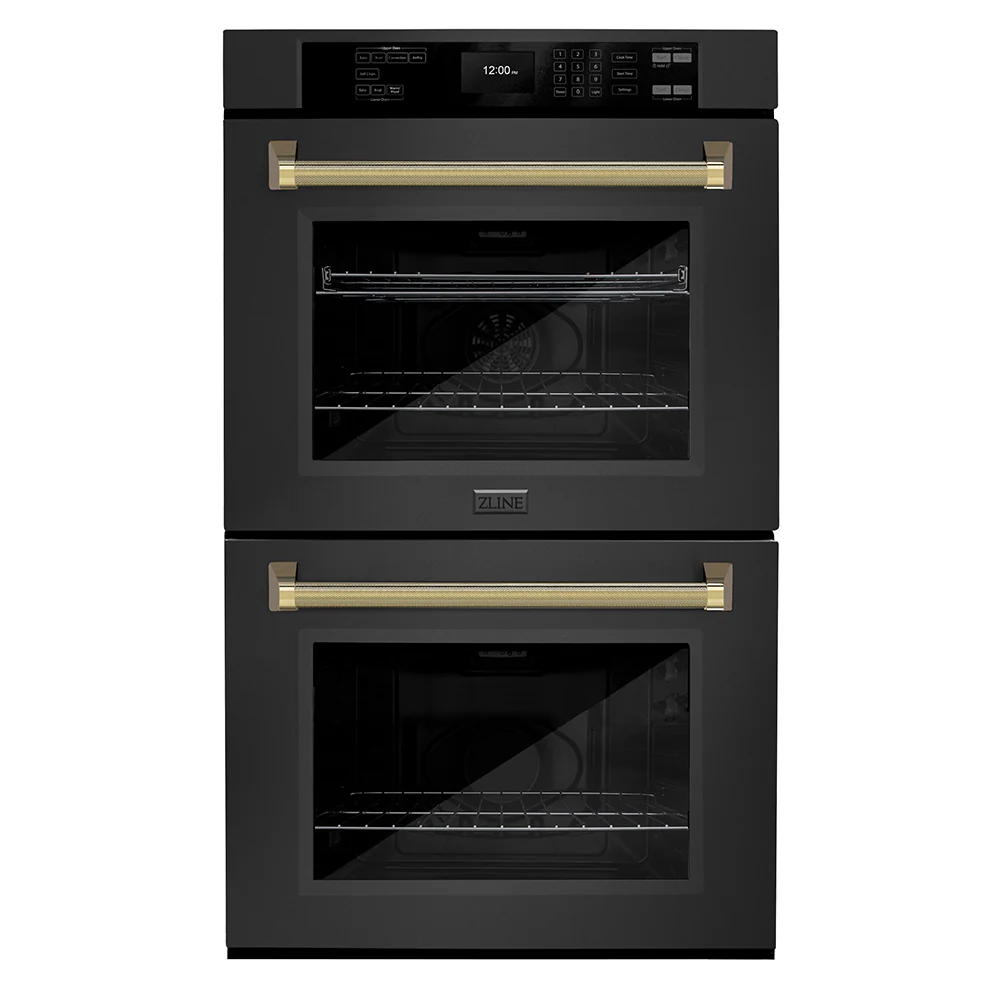 ZLINE Autograph Edition 30 in. Professional True Convection Double Wall Oven with Air Fry and Self Clean in Black Stainless Steel with Polished Gold Helix Handles (WADBZ-30-KG) - Image 4