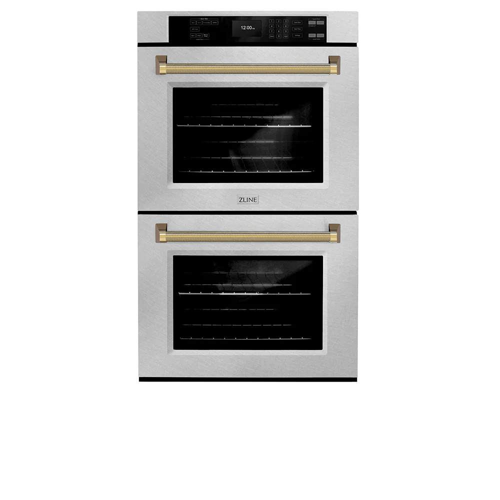 ZLINE Autograph Edition 30 in. Professional True Convection Double Wall Oven with Air Fry and Self Clean in Satin Stainless Steel with Polished Gold Helix Handles (WADSZ-30-KG) - Image 4