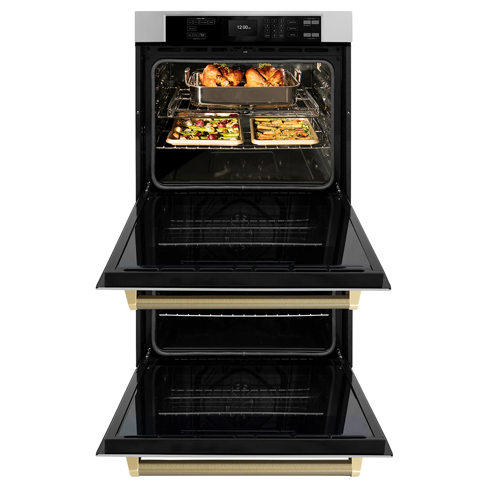 ZLINE Autograph Edition 30 in. Professional True Convection Double Wall Oven with Air Fry and Self Clean in Stainless Steel with Champagne Bronze Helix Handles (WADZ-30-KCB) - Image 6