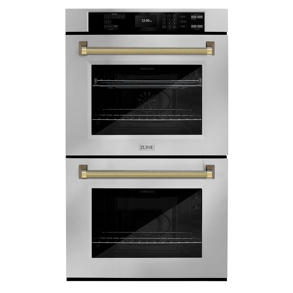 ZLINE Autograph Edition 30 in. Professional True Convection Double Wall Oven with Air Fry and Self Clean in Stainless Steel with Polished Gold Helix Handles (WADZ-30-KG)