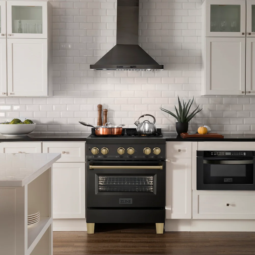 ZLINE Autograph Edition 30 in. 4.0 cu. ft. Legacy Dual Fuel Range with 4 Burner Gas Cooktop and Electric Convection Oven in Black Stainless Steel and Champagne Bronze Accents, Open Box-Great Condition - Image 12
