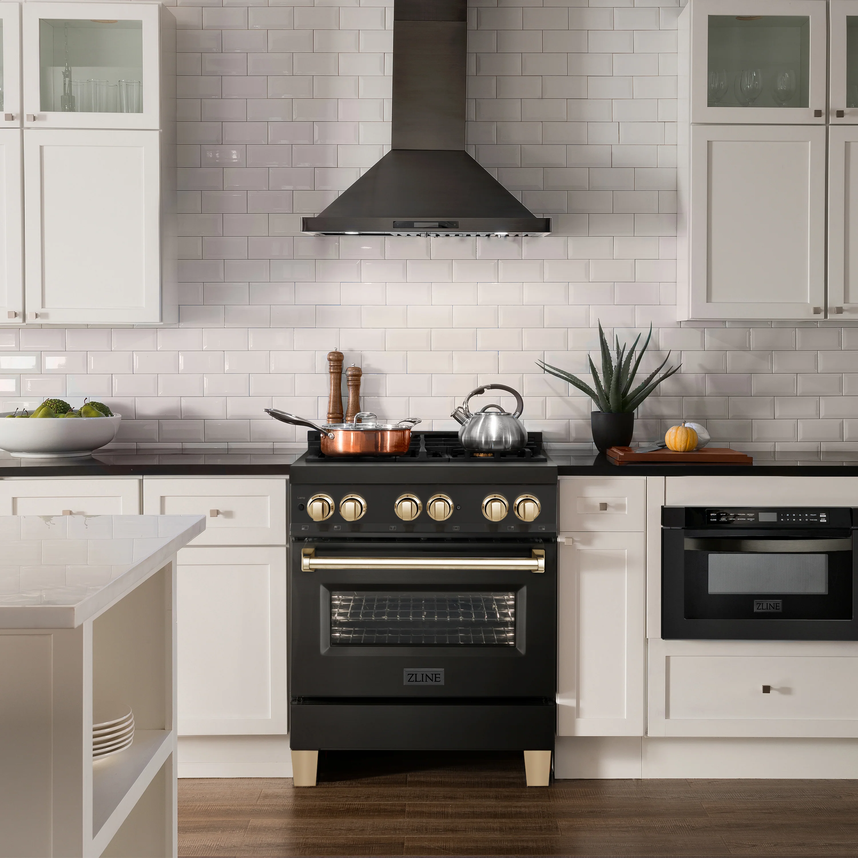ZLINE Autograph Edition 30 in. 4.0 cu. ft. Legacy Dual Fuel Range with 4 Burner Gas Cooktop and Electric Convection Oven in Black Stainless Steel and Polished Gold Accents, Open Box-Great Condition - Image 2