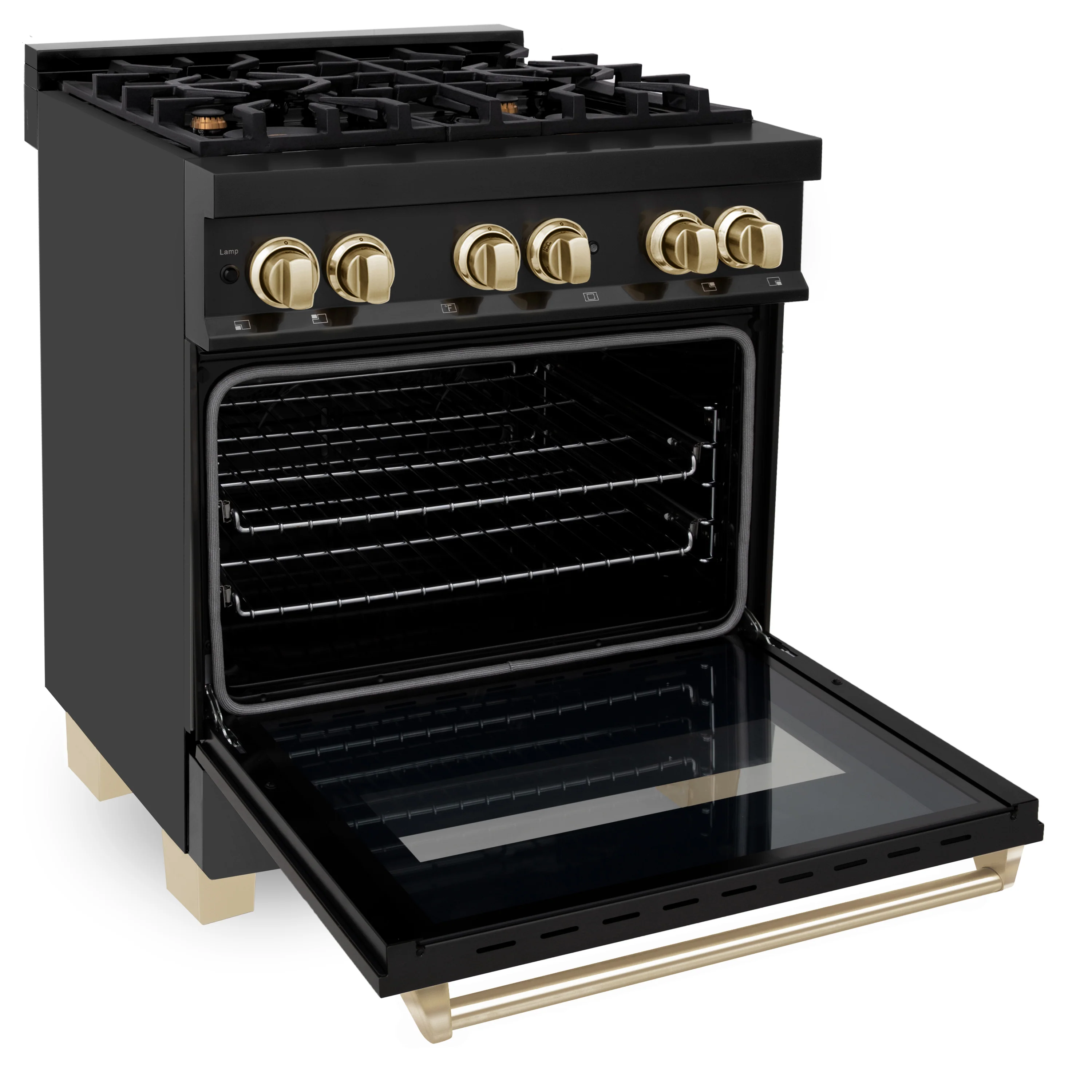 ZLINE Autograph Edition 30 in. 4.0 cu. ft. Legacy Dual Fuel Range with 4 Burner Gas Cooktop and Electric Convection Oven in Black Stainless Steel and Polished Gold Accents, Open Box-Great Condition - Image 6