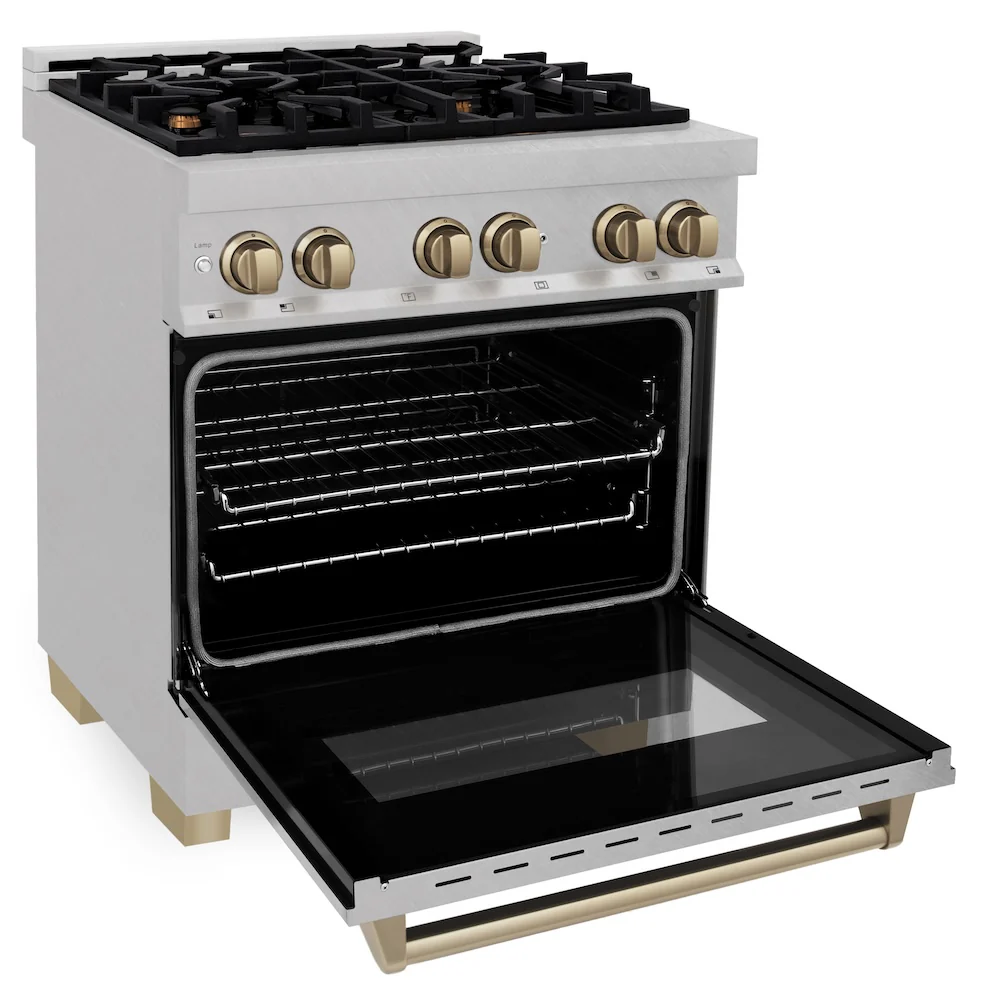 ZLINE Autograph Edition 30 in. 4.0 cu. ft. Legacy Dual Fuel Range with 4 Burner Gas Cooktop and Electric Convection Oven in Satin Stainless Steel and Champagne Bronze Accents, Open Box-Great Condition - Image 6
