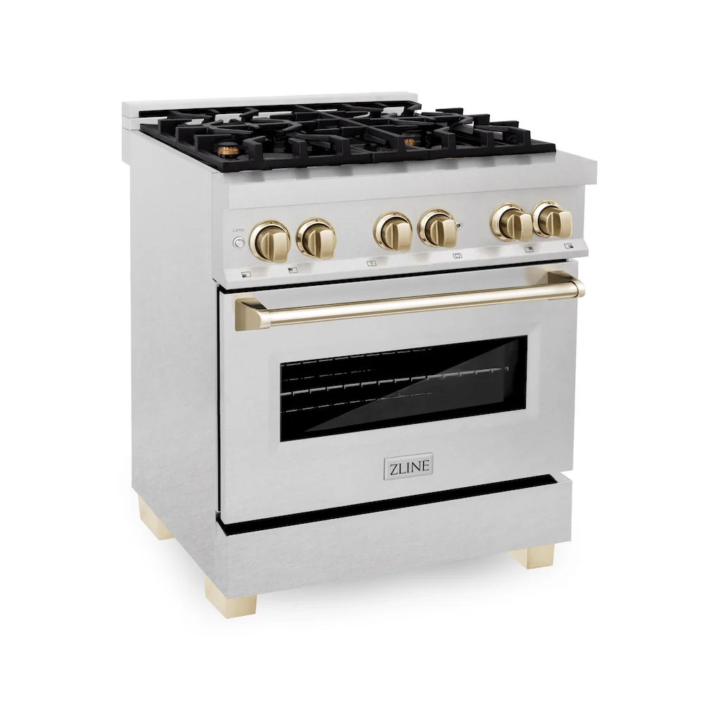 ZLINE Autograph Edition 30 in. 4.0 cu. ft. Legacy Dual Fuel Range with 4 Burner Gas Cooktop and Electric Convection Oven in Satin Stainless Steel and Polished Gold Accents, Open Box-Great Condition