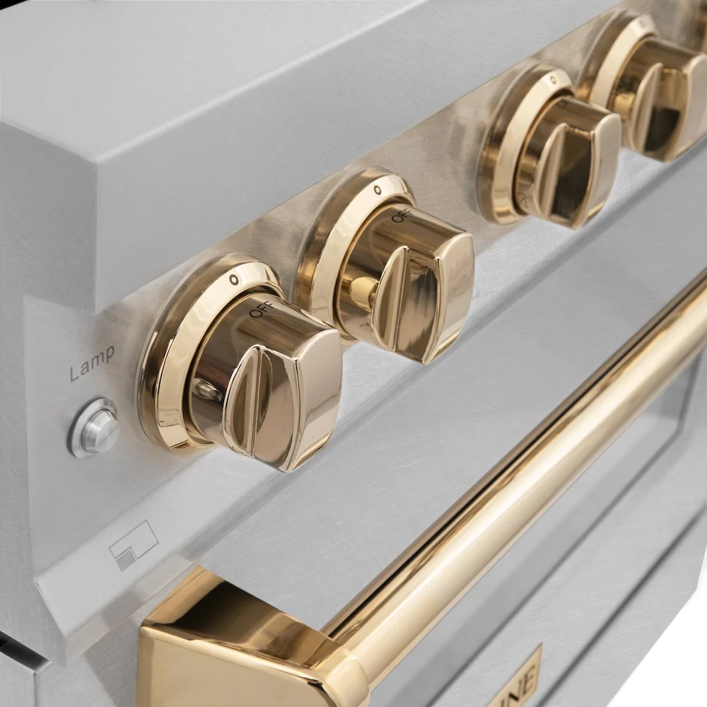 ZLINE Autograph Edition 30 in. 4.0 cu. ft. Legacy Dual Fuel Range with 4 Burner Gas Cooktop and Electric Convection Oven in Satin Stainless Steel and Polished Gold Accents, Open Box-Great Condition - Image 11
