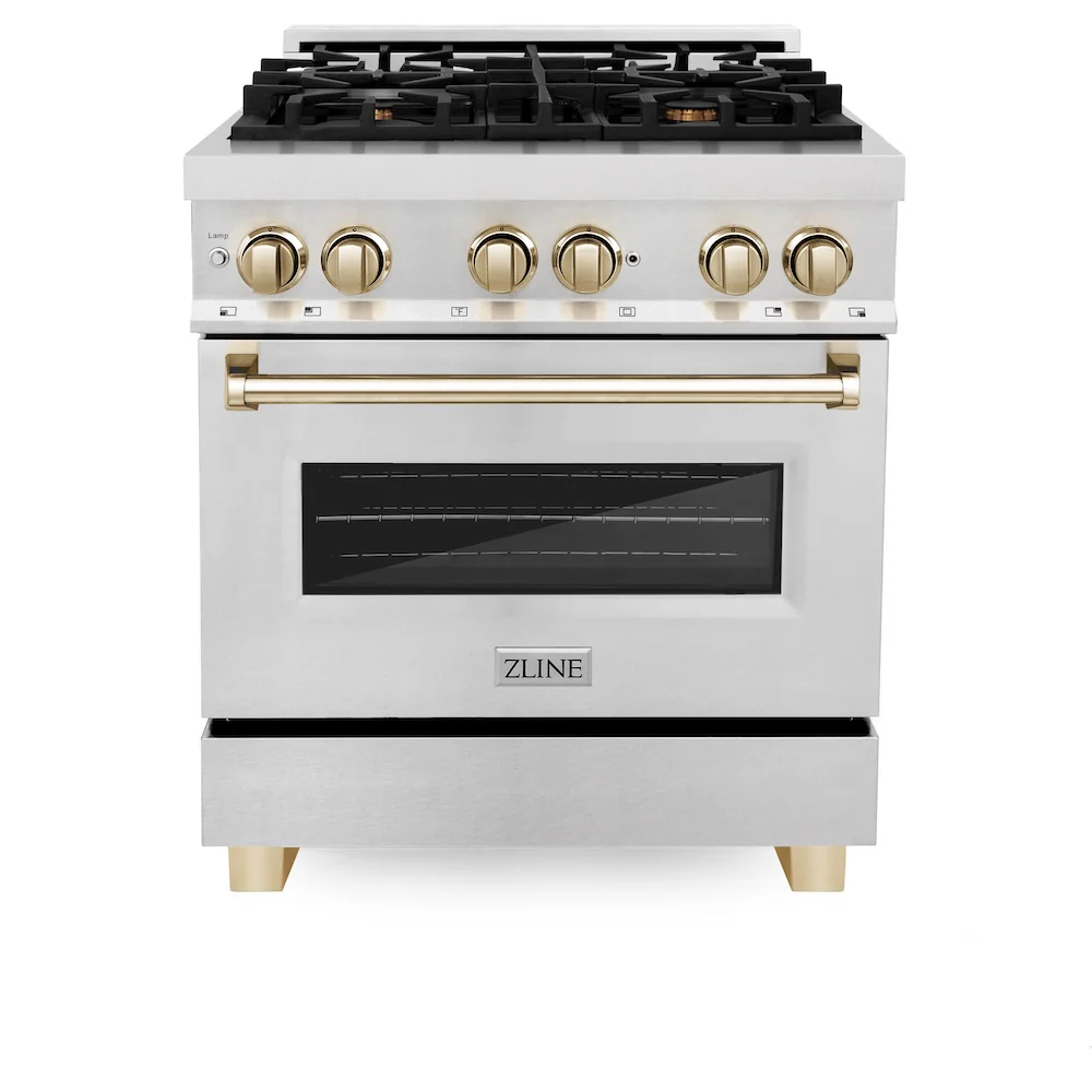 ZLINE Autograph Edition 30 in. 4.0 cu. ft. Legacy Dual Fuel Range with 4 Burner Gas Cooktop and Electric Convection Oven in Satin Stainless Steel and Polished Gold Accents, Open Box-Great Condition - Image 4