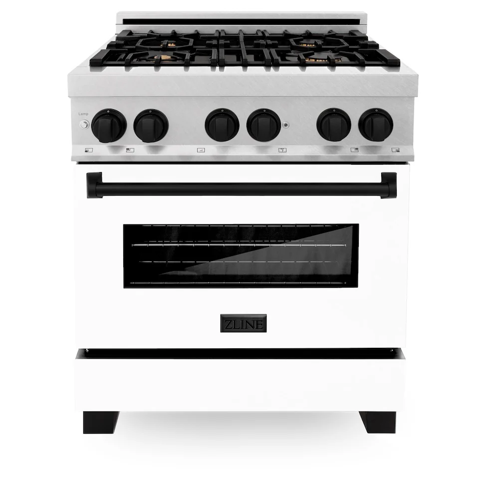 ZLINE Autograph Edition 30 in. 4.0 cu. ft. Legacy Dual Fuel Range with 4 Burner Gas Cooktop and Electric Convection Oven in Satin Stainless Steel with White Matte Door and Matte Black Accents, Open Box-Great Condition - Image 4