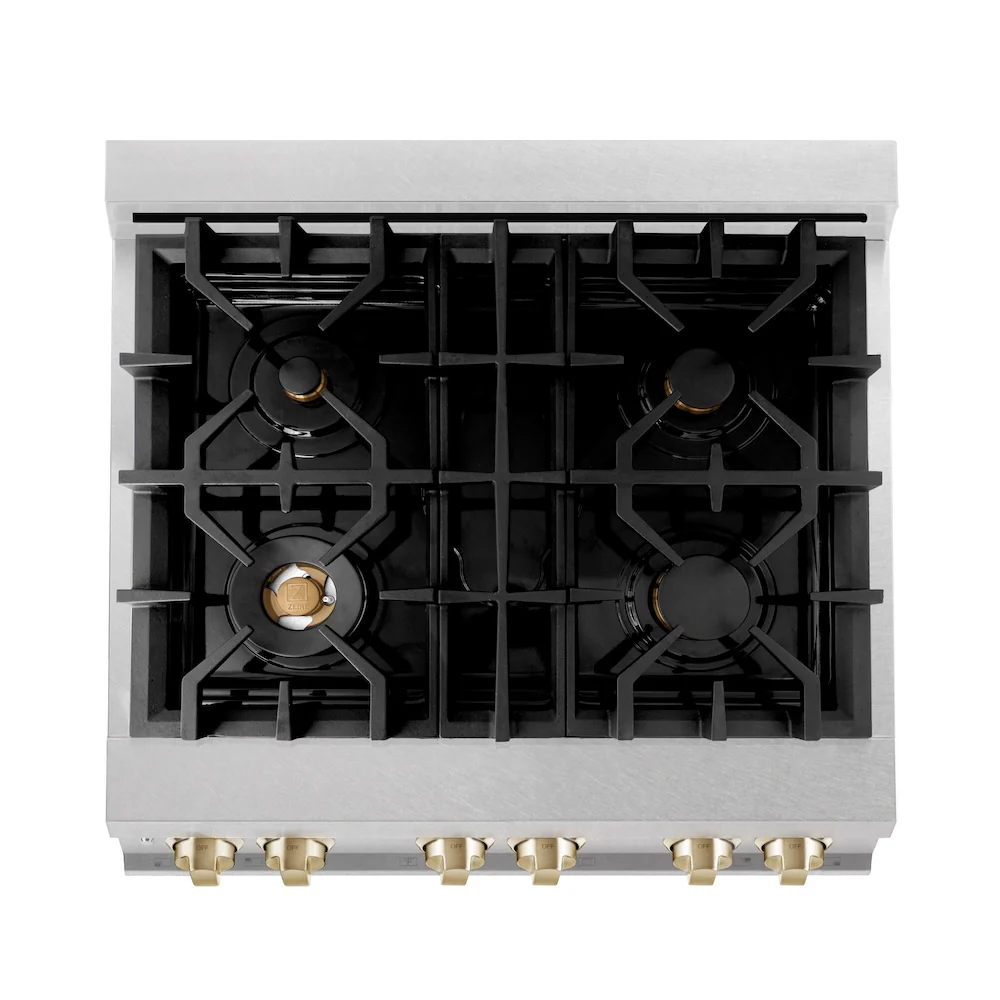 ZLINE Autograph Edition 30 in. 4.0 cu. ft. Legacy Dual Fuel Range with 4 Burner Gas Cooktop and Electric Convection Oven in Satin Stainless Steel with White Matte Door and Polished Gold Accents, Open Box-Great Condition - Image 2