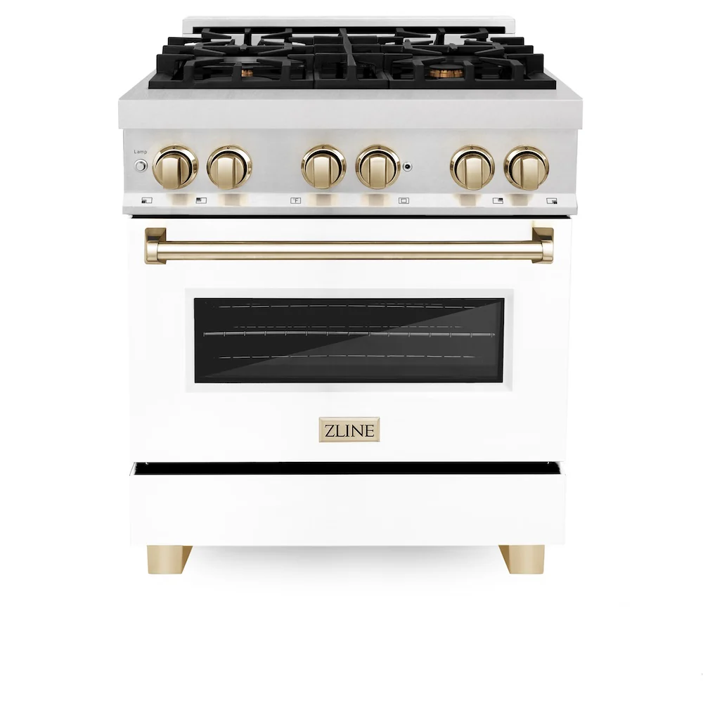 ZLINE Autograph Edition 30 in. 4.0 cu. ft. Legacy Dual Fuel Range with 4 Burner Gas Cooktop and Electric Convection Oven in Satin Stainless Steel with White Matte Door and Polished Gold Accents, Open Box-Great Condition - Image 3