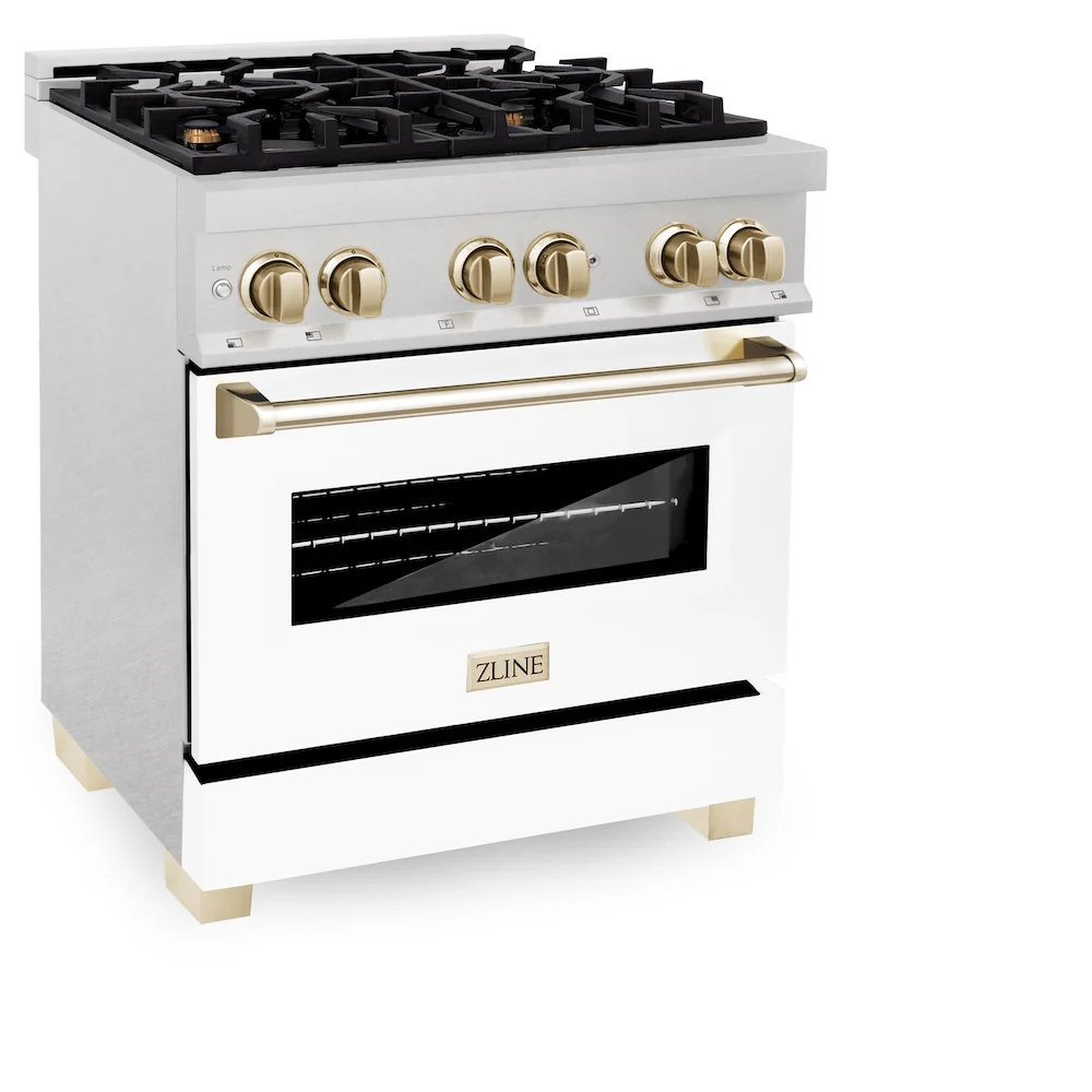 ZLINE Autograph Edition 30 in. 4.0 cu. ft. Legacy Dual Fuel Range with 4 Burner Gas Cooktop and Electric Convection Oven in Satin Stainless Steel with White Matte Door and Polished Gold Accents, Open Box-Great Condition - Image 4