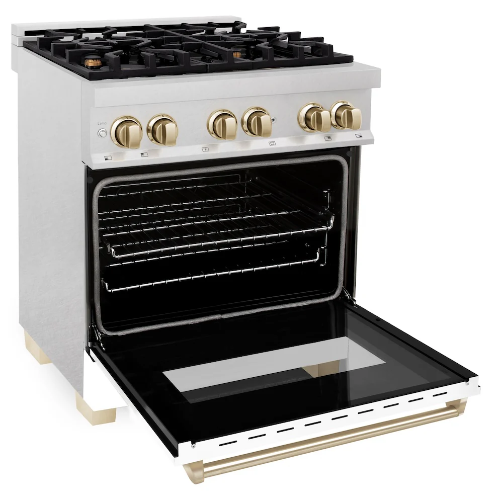 ZLINE Autograph Edition 30 in. 4.0 cu. ft. Legacy Dual Fuel Range with 4 Burner Gas Cooktop and Electric Convection Oven in Satin Stainless Steel with White Matte Door and Polished Gold Accents, Open Box-Great Condition - Image 5